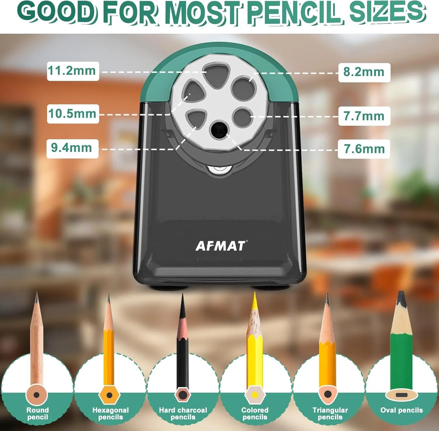 Heavy Duty Electric Pencil Sharpener, 6 Holes, AFMAT Classroom Pencil Sharpener for 6-11mm Pencils, Auto Stop, Super Fast, Save Pencils, School Teacher Must Have Pencil Sharpeners Plug in, Green