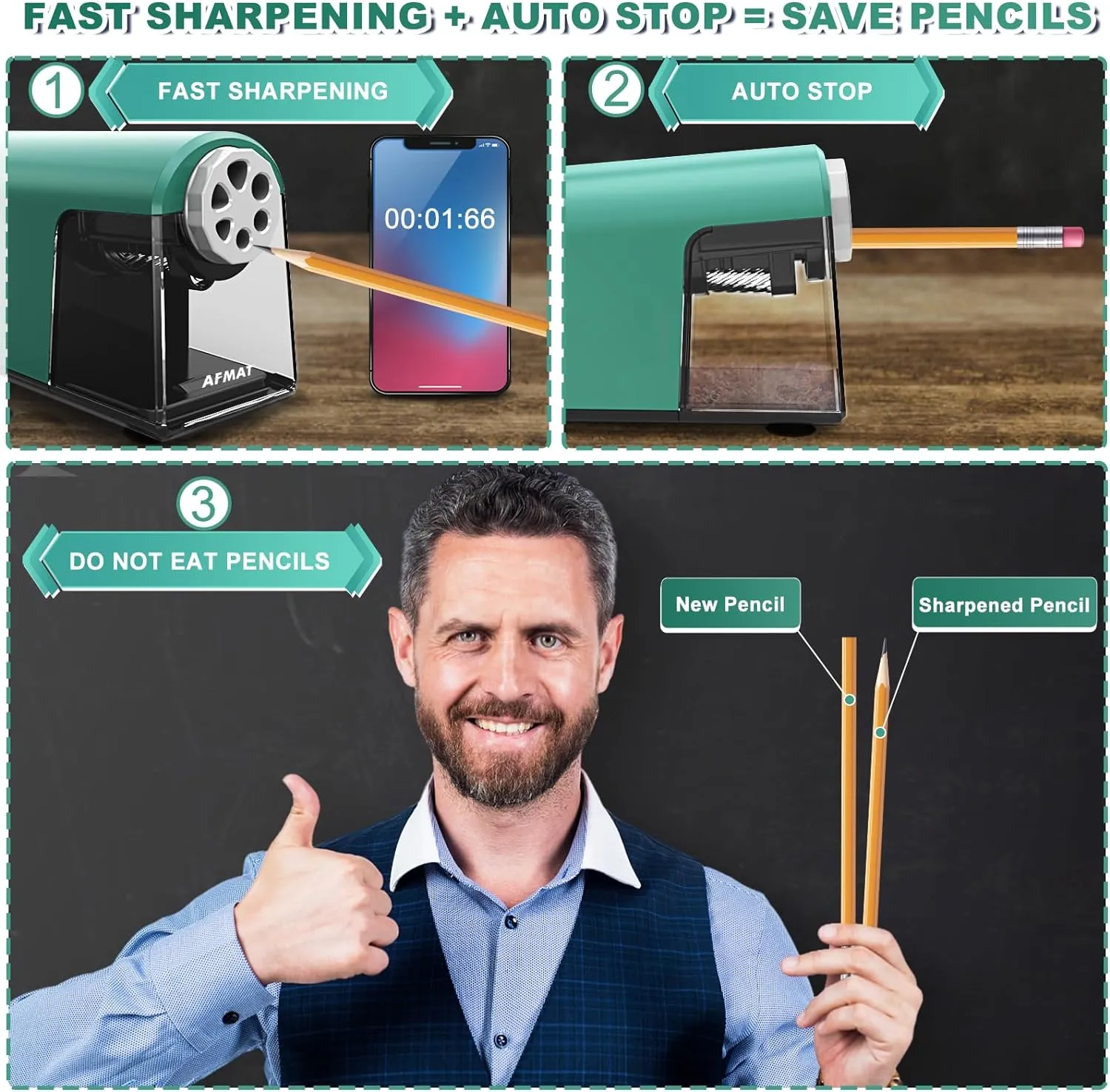 Heavy Duty Electric Pencil Sharpener, 6 Holes, AFMAT Classroom Pencil Sharpener for 6-11mm Pencils, Auto Stop, Super Fast, Save Pencils, School Teacher Must Have Pencil Sharpeners Plug in, Green