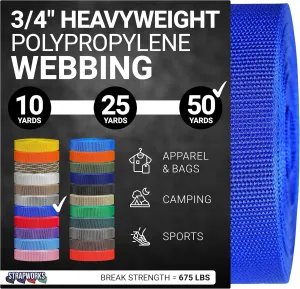 Heavyweight Polypropylene Webbing - Heavy Duty Poly Strapping for Outdoor DIY Gear Repair, 3/4 Inch