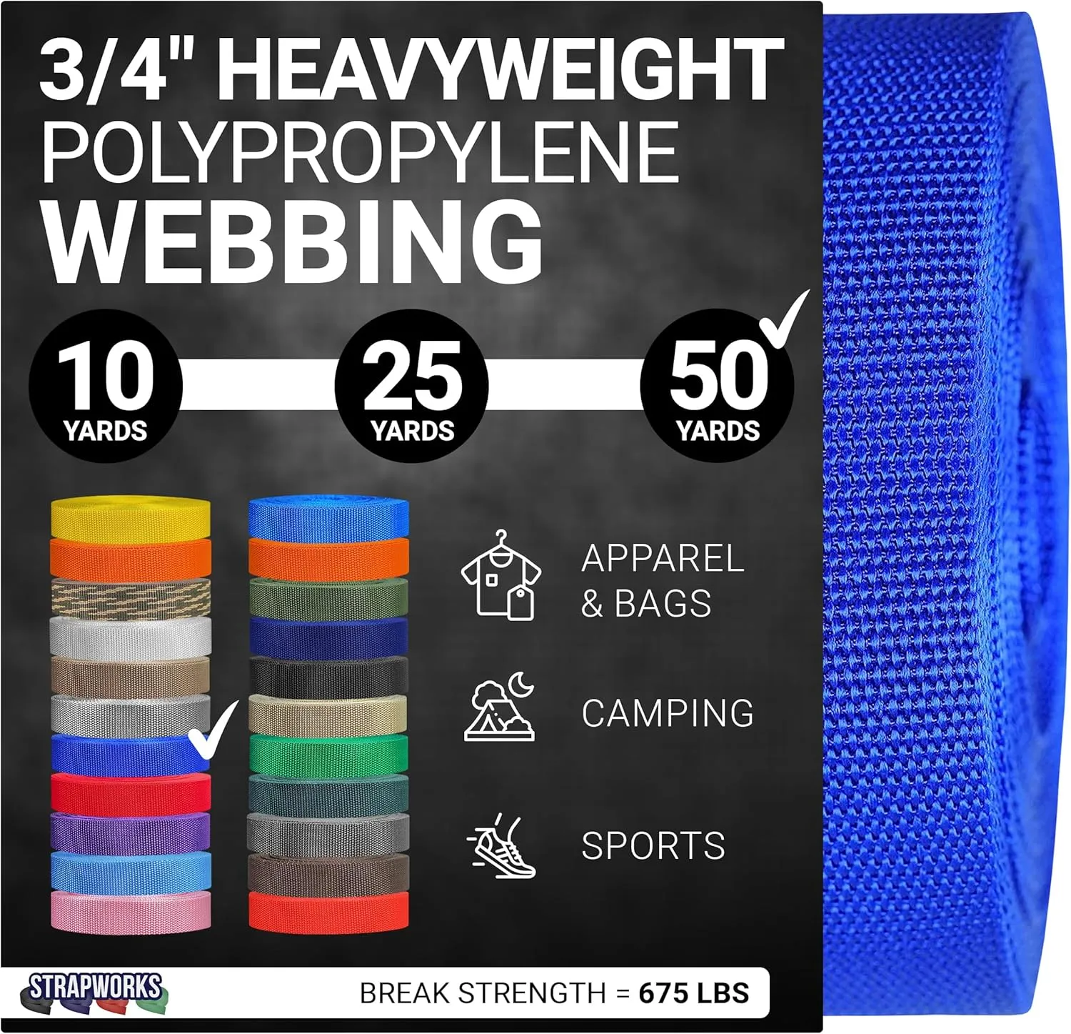 Heavyweight Polypropylene Webbing - Heavy Duty Poly Strapping for Outdoor DIY Gear Repair, 3/4 Inch