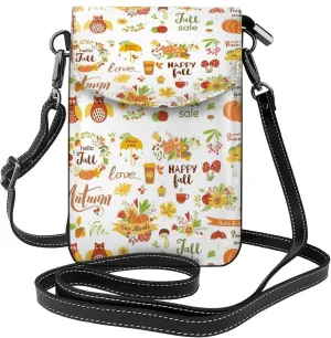 Hello Fall Autumn Is Here Print Small Crossbody Bags for Women Leather Cell Phone Purses Mini Leather Shoulder Handbag Adjustable Strap