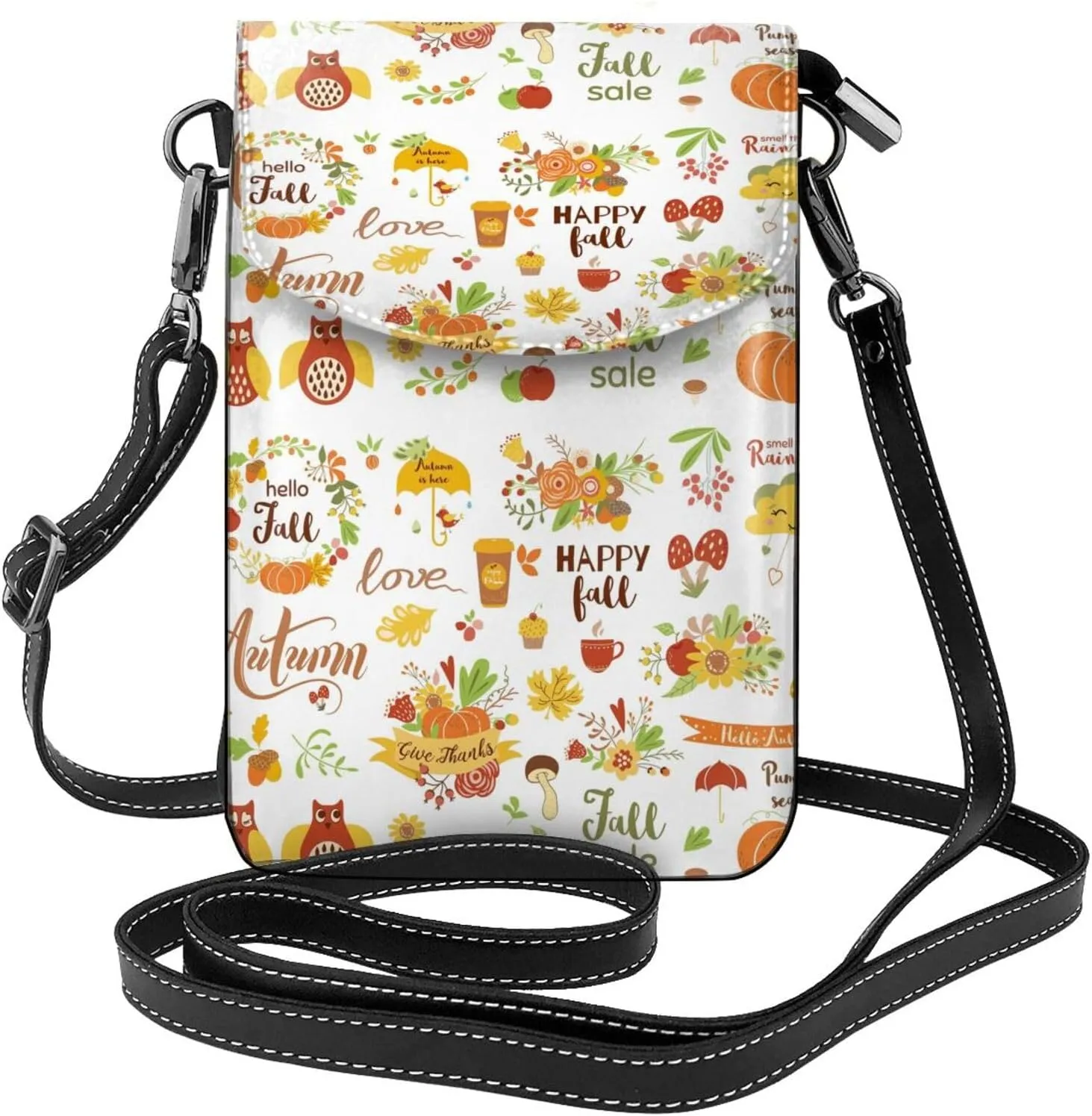 Hello Fall Autumn Is Here Print Small Crossbody Bags for Women Leather Cell Phone Purses Mini Leather Shoulder Handbag Adjustable Strap