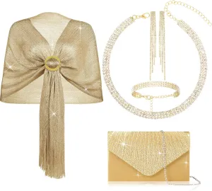 Hicarer 5 Pcs Women Accessories Including Shawls and Wraps, Evening Bag Clutch Purses, Rhinestone Jewelry Sets for Wedding