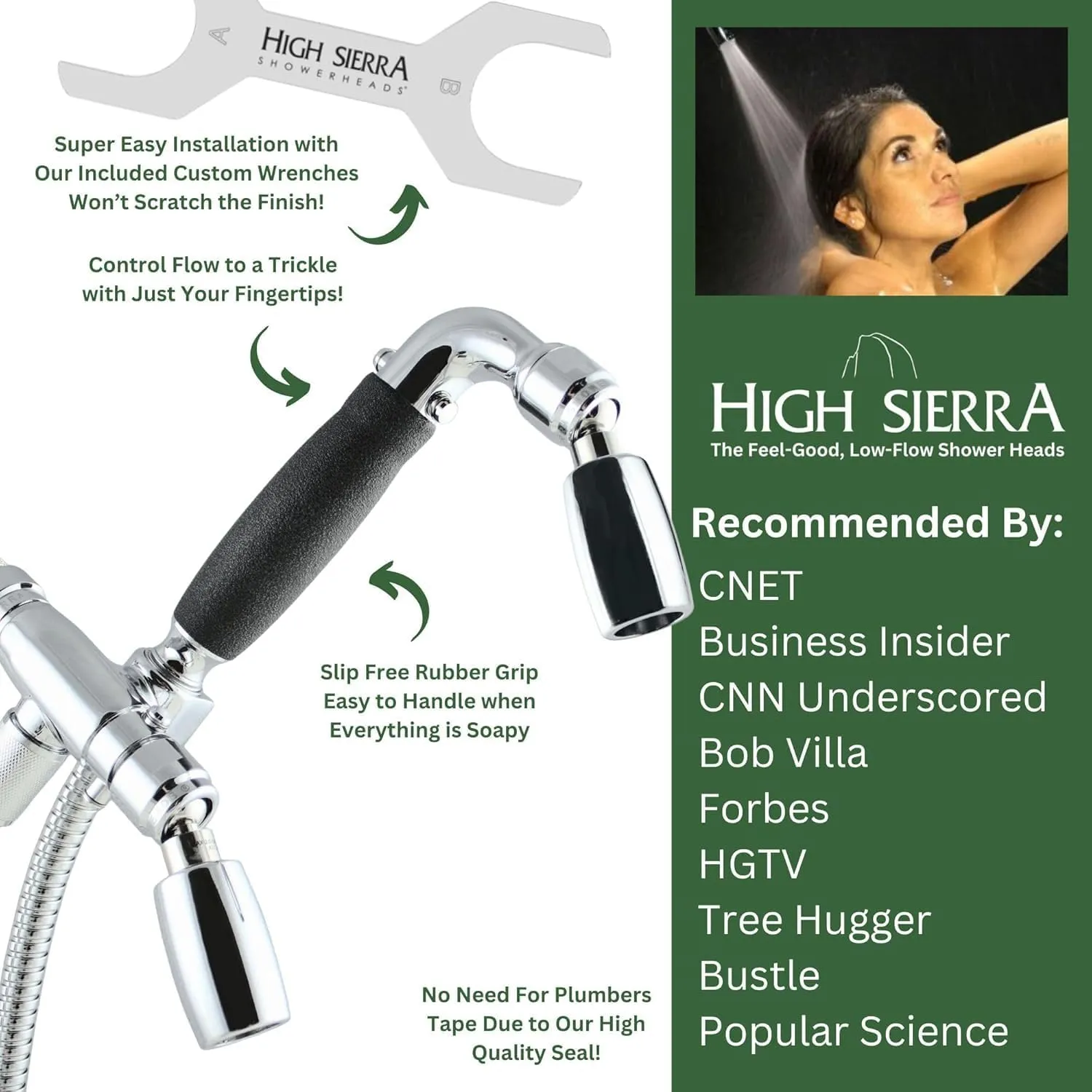 High Sierra® - Solid Metal 4-Way Combo CLASSIC™ Fixed and Hanheld Shower Heads with Slipped Free Rubber Grip. Run Separately or Both at Full Flow - 1.5 GPM per Shower Head - Brushed Gold Finish