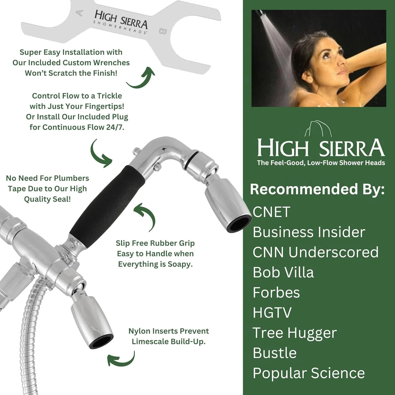 High Sierra® - Solid Metal 4-Way Combo CLASSIC™ Fixed and Hanheld Shower Heads with Slipped Free Rubber Grip. Run Separately or Both at Full Flow - 1.8 GPM per Shower Head - Polished Chrome Finish