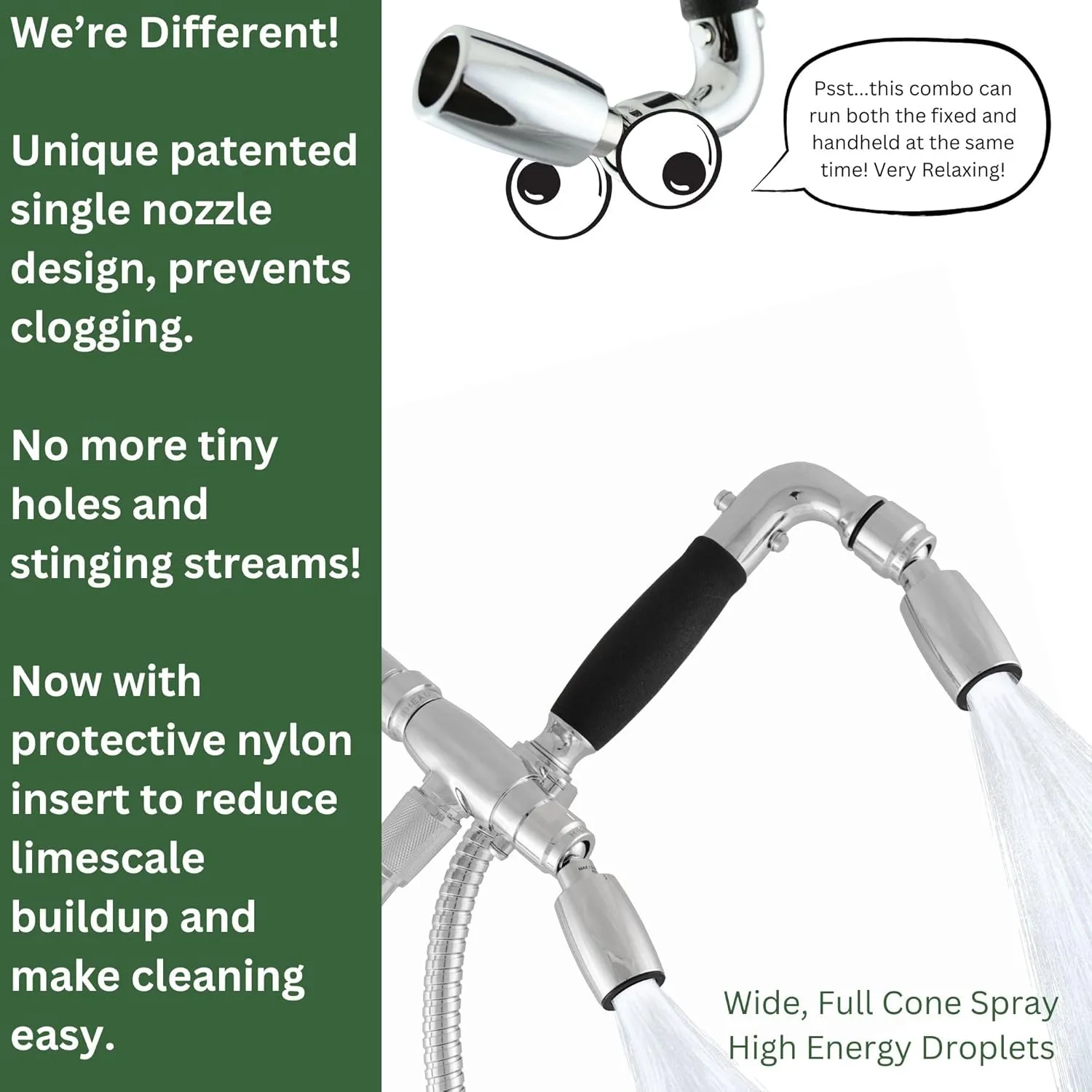 High Sierra® - Solid Metal 4-Way Combo CLASSIC™ Fixed and Hanheld Shower Heads with Slipped Free Rubber Grip. Run Separately or Both at Full Flow - 1.8 GPM per Shower Head - Polished Chrome Finish
