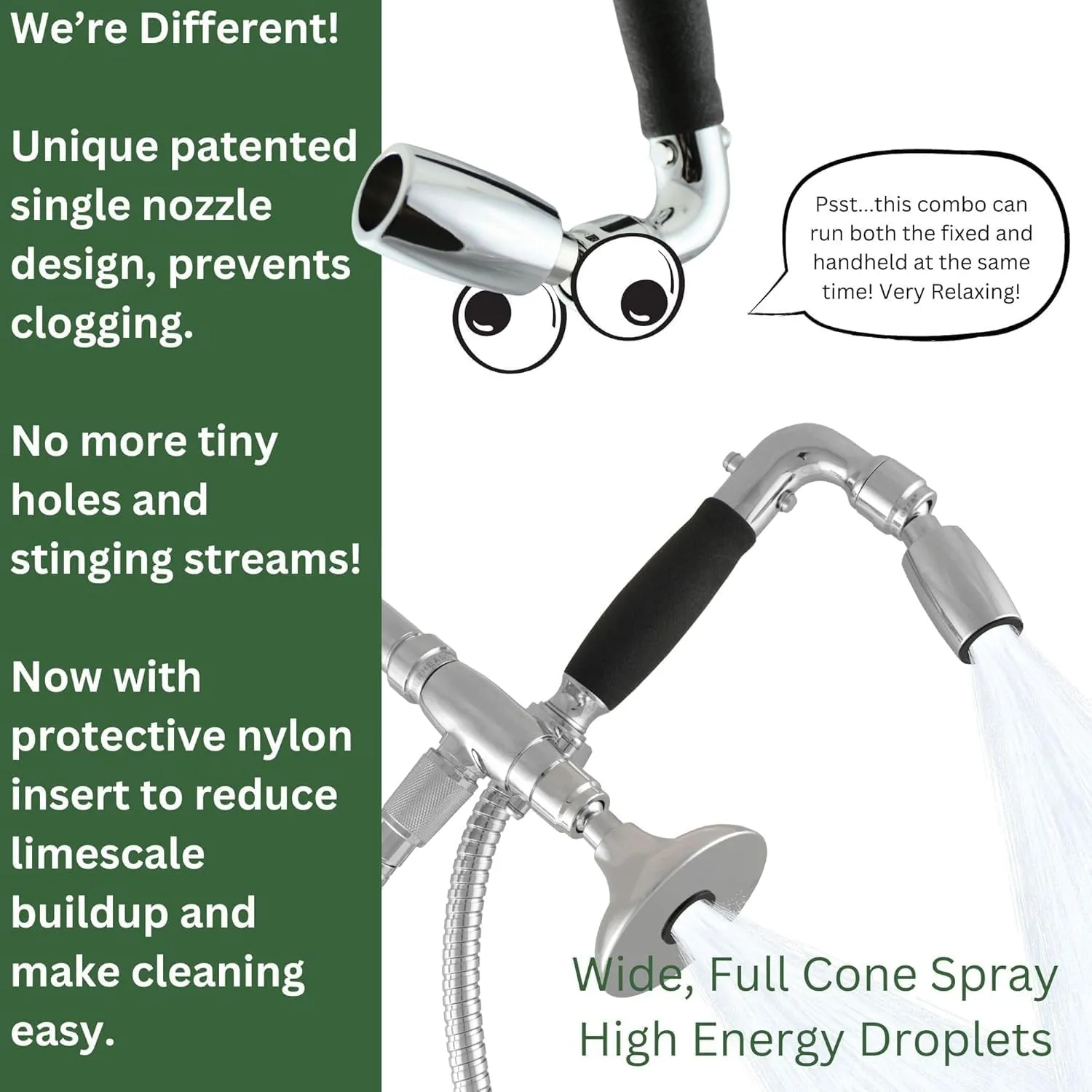 High Sierra® - Solid Metal 4-Way Combo HALF DOME® Fixed and Hanheld Shower Heads with Slipped Free Rubber Grip. Run Separately or Both at Full Flow - 1.25 GPM per Shower Head - Brushed Gold Finish