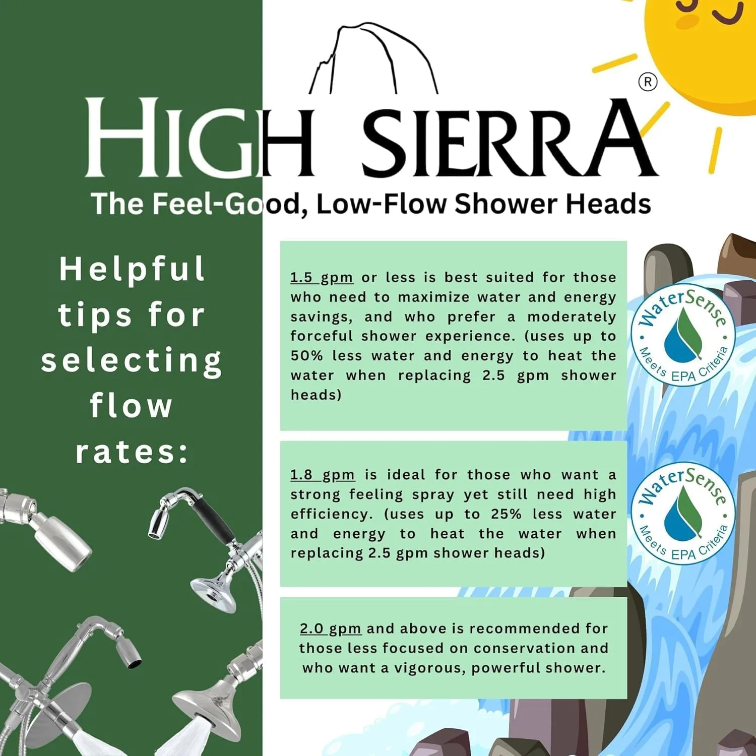 High Sierra® - Solid Metal 4-Way Combo HALF DOME® Fixed and Hanheld Shower Heads with Slipped Free Rubber Grip. Run Separately or Both at Full Flow - 1.25 GPM per Shower Head - Brushed Gold Finish