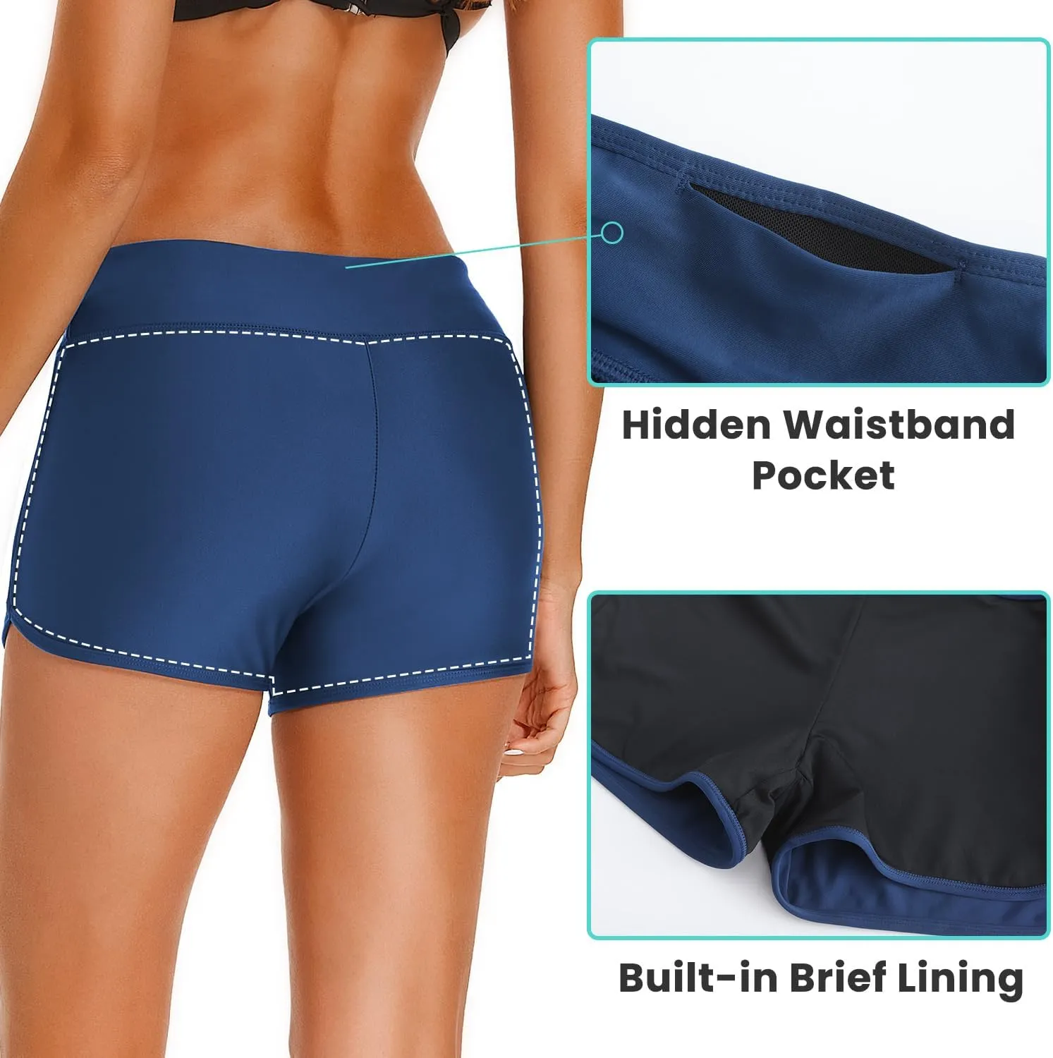 HODOSPORTS Women's 3" Swim Board Shorts UPF50  Quick Dry Swimsuit Bottoms Full Liner Boyshort Bathing Suit Bottom
