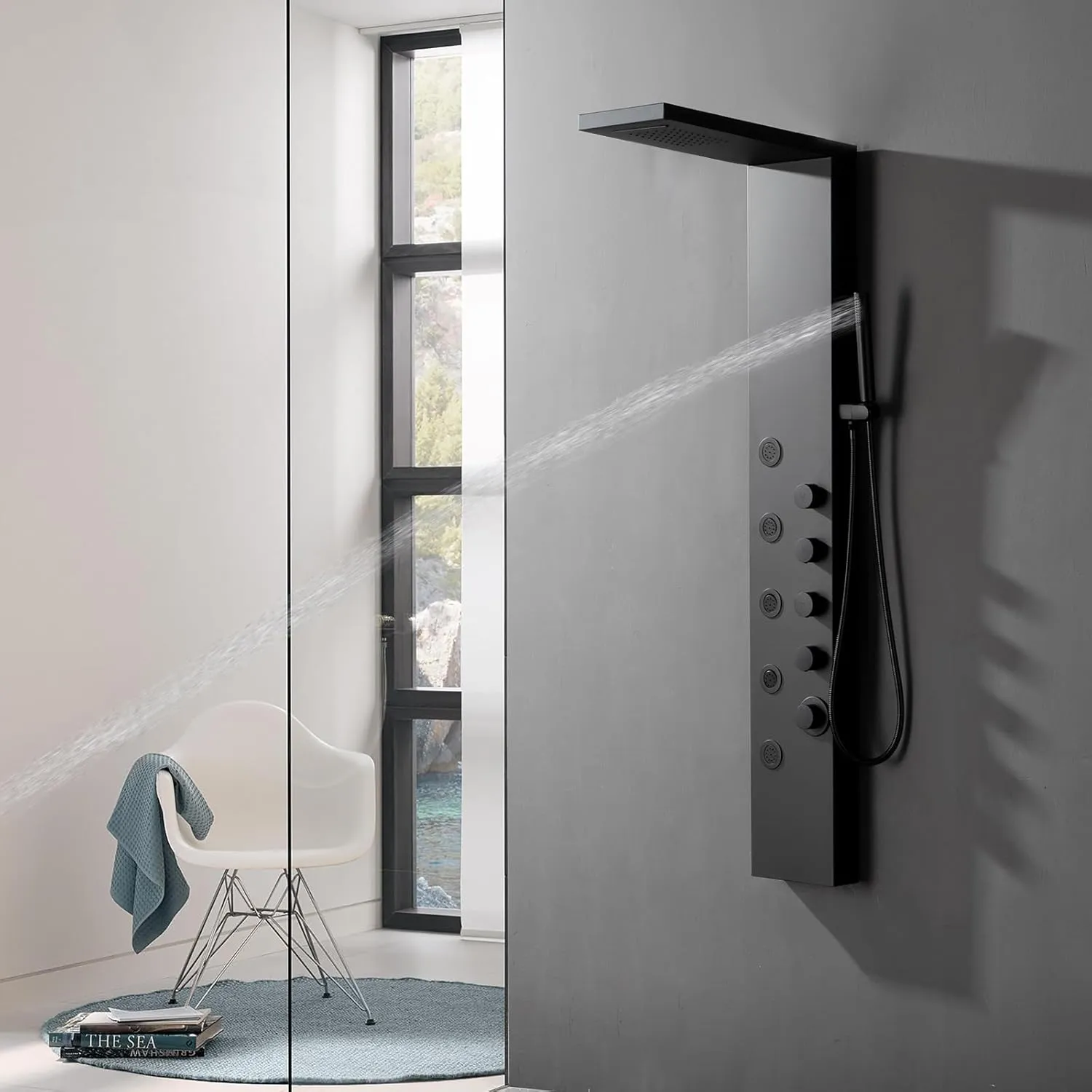 Homevacious Stainless Steel Shower Panel Tower System, Rainfall Waterfall Shower Head,5 Massage Body Jets and Handheld,Wall Mounted Multi-Function Bathroom Shower Panel,Matte Black