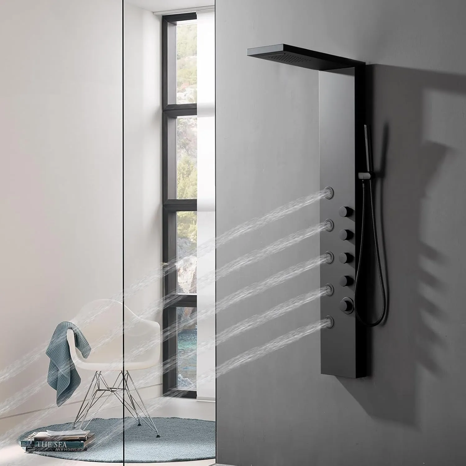 Homevacious Stainless Steel Shower Panel Tower System, Rainfall Waterfall Shower Head,5 Massage Body Jets and Handheld,Wall Mounted Multi-Function Bathroom Shower Panel,Matte Black
