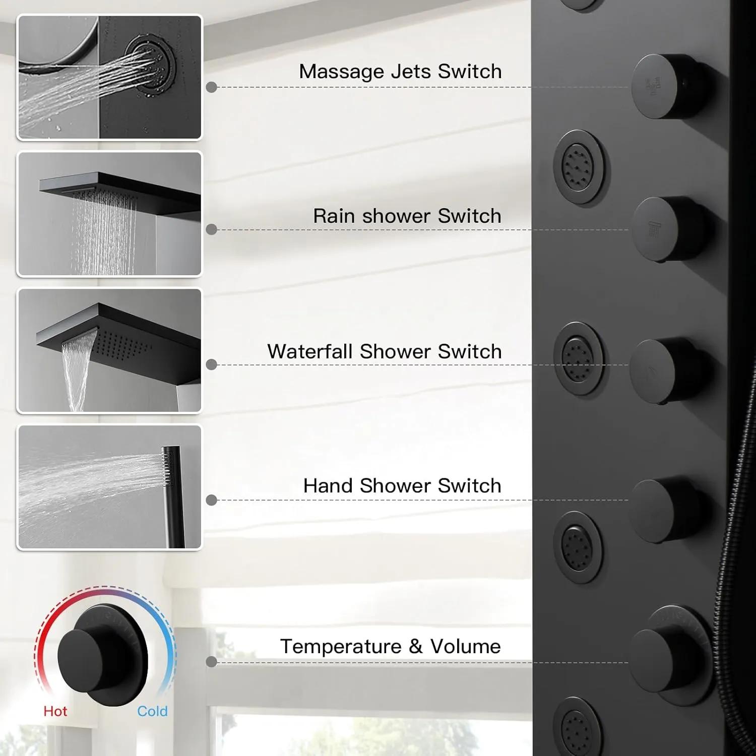 Homevacious Stainless Steel Shower Panel Tower System, Rainfall Waterfall Shower Head,5 Massage Body Jets and Handheld,Wall Mounted Multi-Function Bathroom Shower Panel,Matte Black