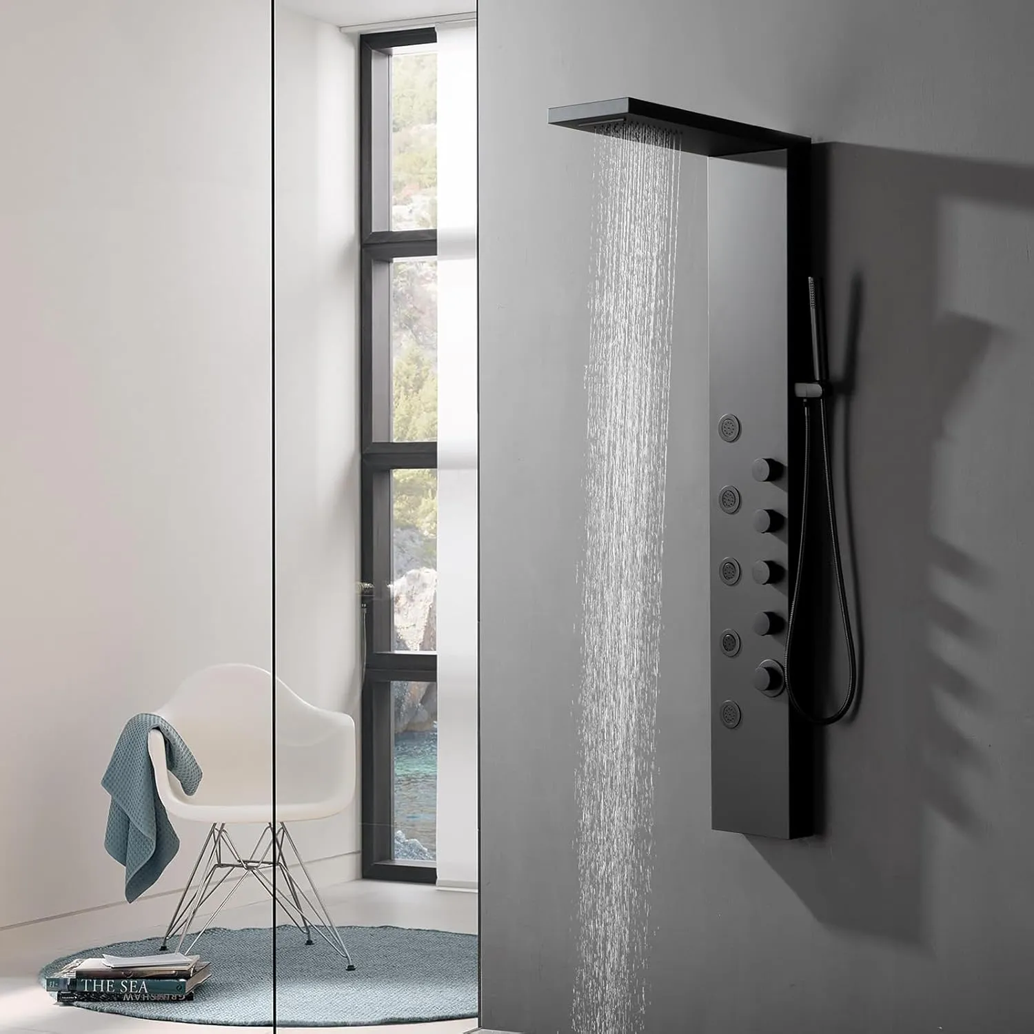 Homevacious Stainless Steel Shower Panel Tower System, Rainfall Waterfall Shower Head,5 Massage Body Jets and Handheld,Wall Mounted Multi-Function Bathroom Shower Panel,Matte Black