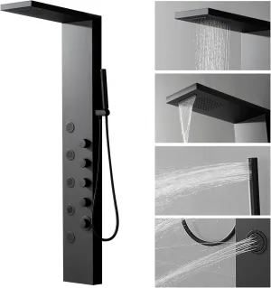 Homevacious Stainless Steel Shower Panel Tower System, Rainfall Waterfall Shower Head,5 Massage Body Jets and Handheld,Wall Mounted Multi-Function Bathroom Shower Panel,Matte Black