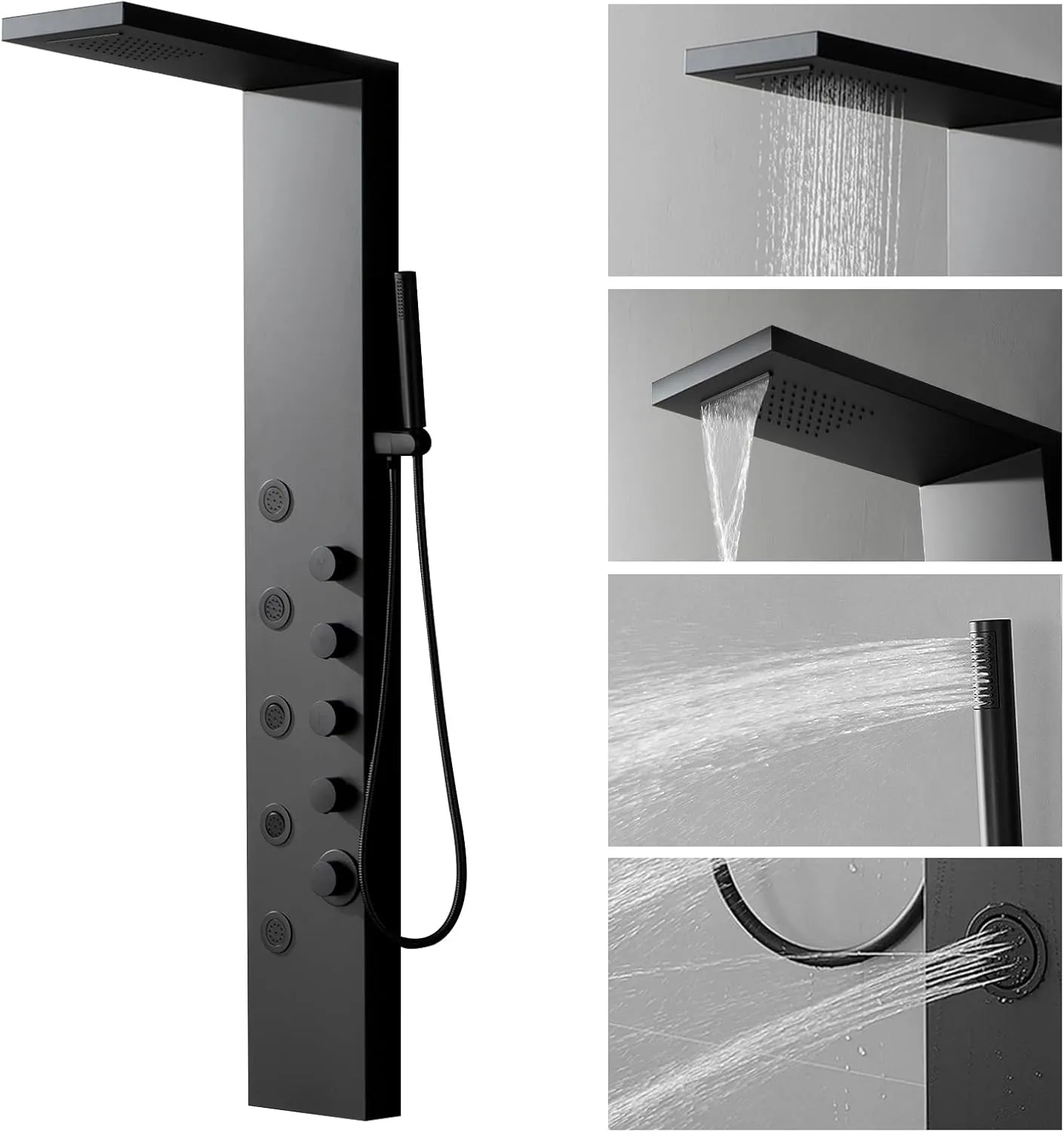 Homevacious Stainless Steel Shower Panel Tower System, Rainfall Waterfall Shower Head,5 Massage Body Jets and Handheld,Wall Mounted Multi-Function Bathroom Shower Panel,Matte Black