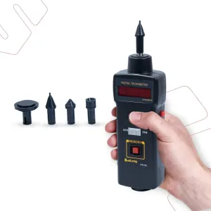 HTM-590 Contact Type Digital Tachometer: LED Red Display, Ideal for Industrial Applications, Accurate and Easy-to-Use RPM, Memory Recall, Best Battery Life, Low Battery Indicator, 1-sec Sampling Rate