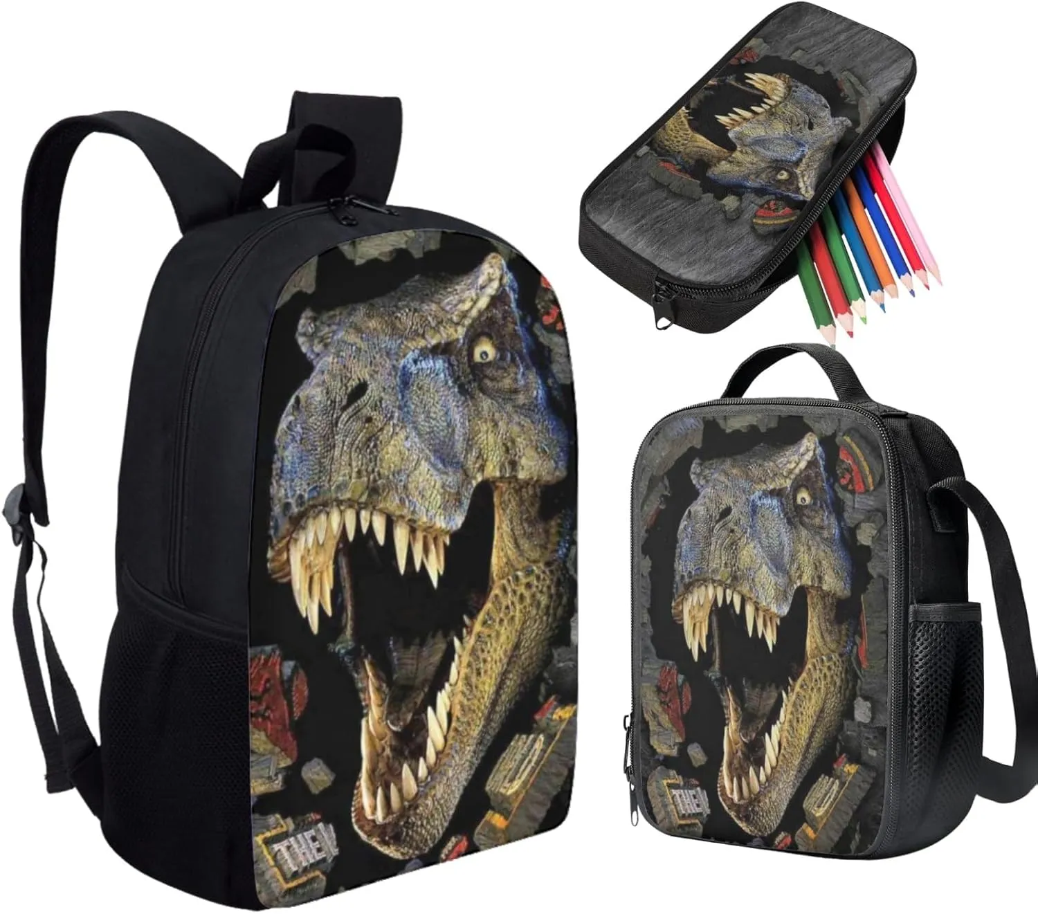 HUGS IDEA 3 Pcs School Bag Set with Thermal Insulated Lunch Tote Purse Pencil Case