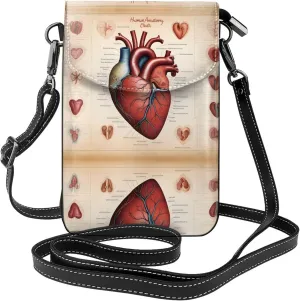 Human Anatomy Heart Chart Prints Leather Crossbody Flap Phone Bag - Versatile Gift for Women Walking, Camping, Shopping, and Travel