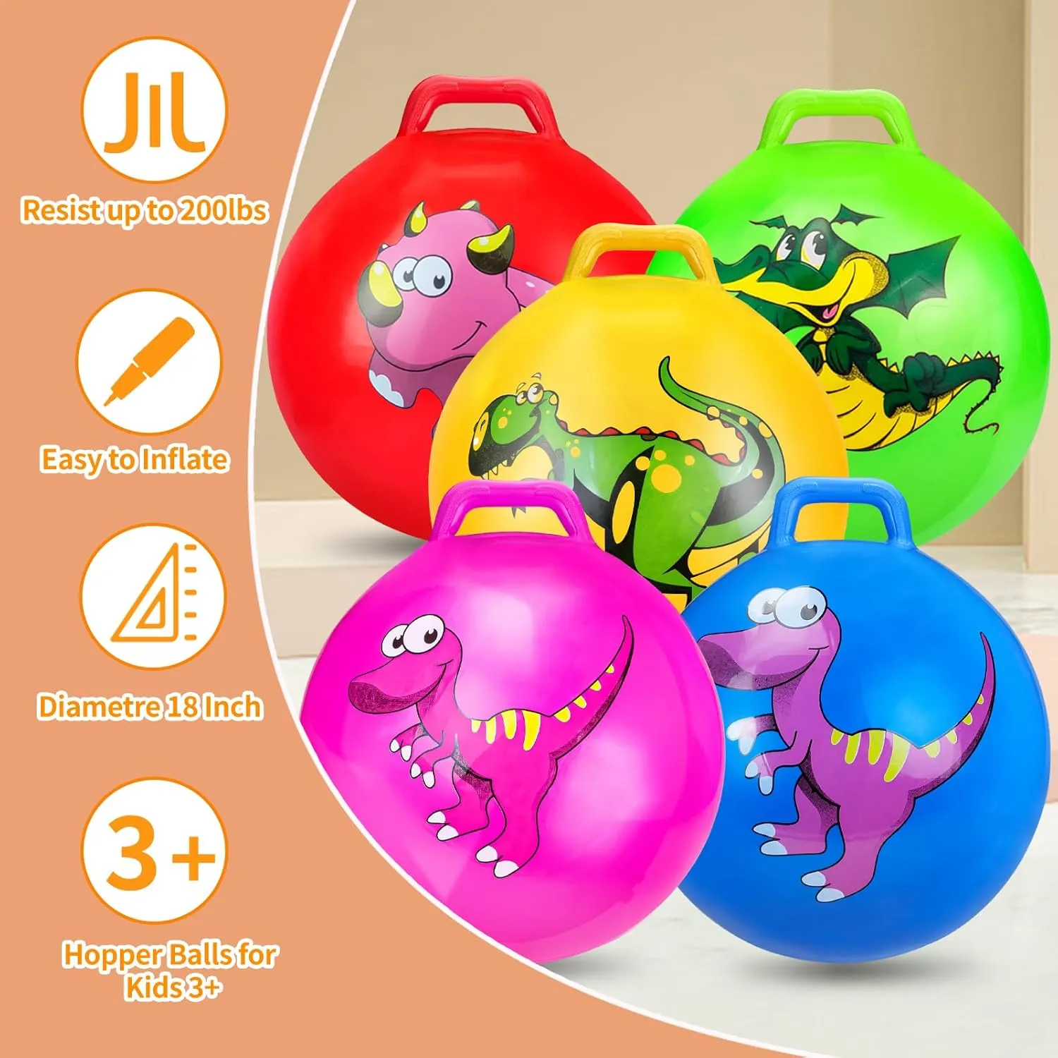 Hymaz 2 Pcs Dinosaur Bounce Balls with Handles for Kids,18 inch Bouncing Ball with Handle for Kids 7-9, Hopper Ball for Kids 3-6, Jumping Ball for Kids Indoor Outdoor Games, Hopper Balls with Pump