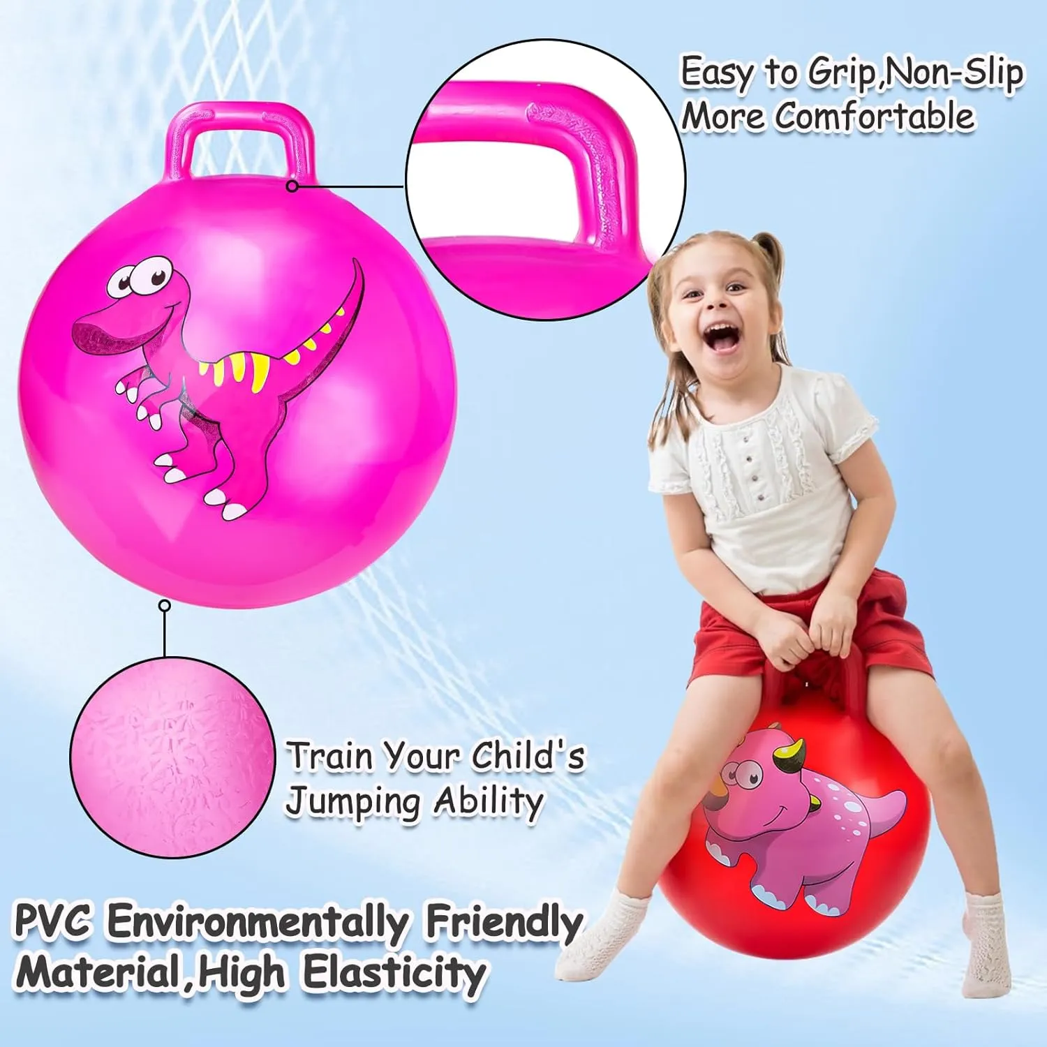 Hymaz 2 Pcs Dinosaur Bounce Balls with Handles for Kids,18 inch Bouncing Ball with Handle for Kids 7-9, Hopper Ball for Kids 3-6, Jumping Ball for Kids Indoor Outdoor Games, Hopper Balls with Pump