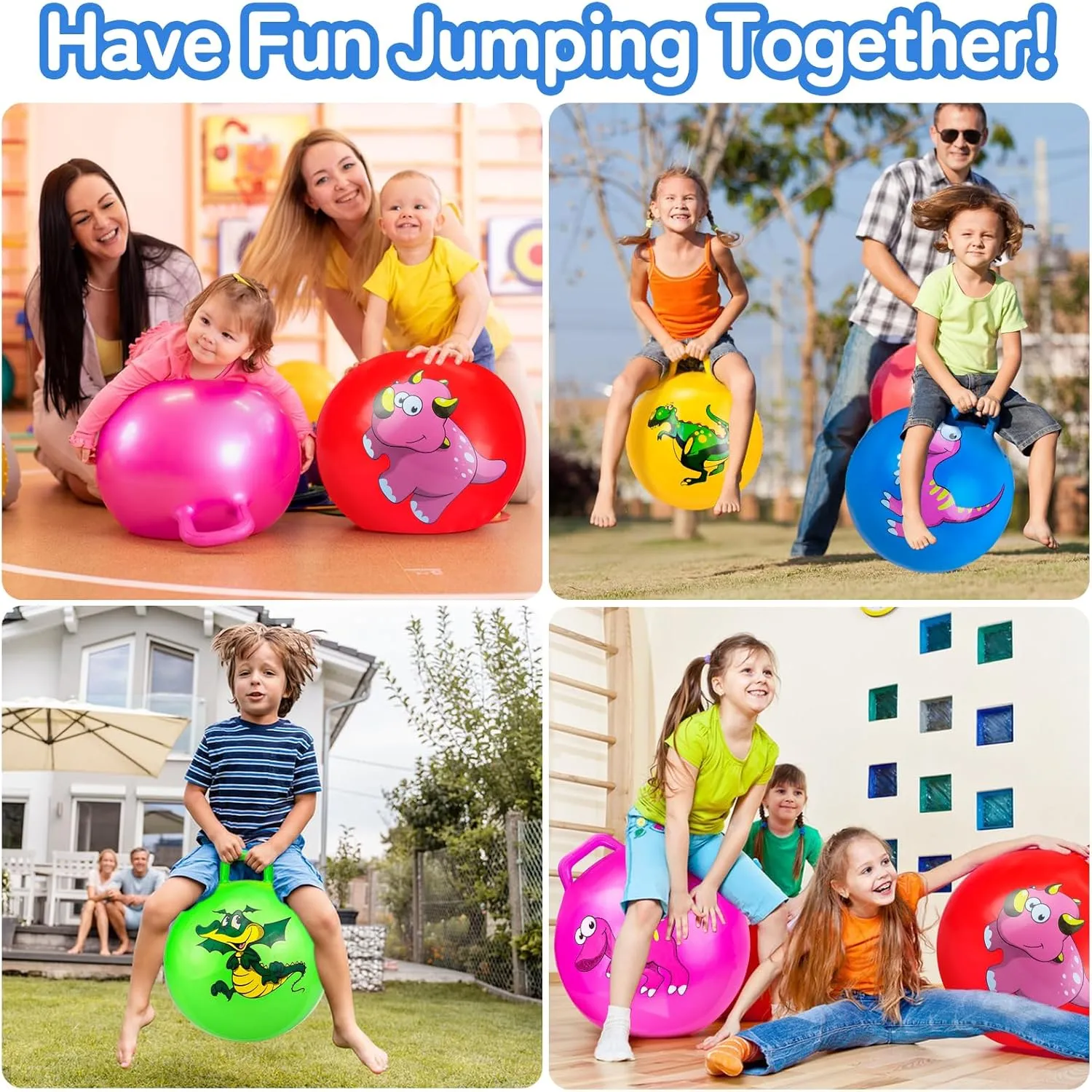 Hymaz 2 Pcs Dinosaur Bounce Balls with Handles for Kids,18 inch Bouncing Ball with Handle for Kids 7-9, Hopper Ball for Kids 3-6, Jumping Ball for Kids Indoor Outdoor Games, Hopper Balls with Pump