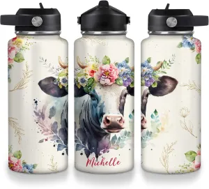 Hyturtle Personalized Cow Water Bottle - Animal Lover Gift - Floral Cow Lover Gifts - Custom Name 18oz & 32oz Stainless Steel Bottle With Straw Lid