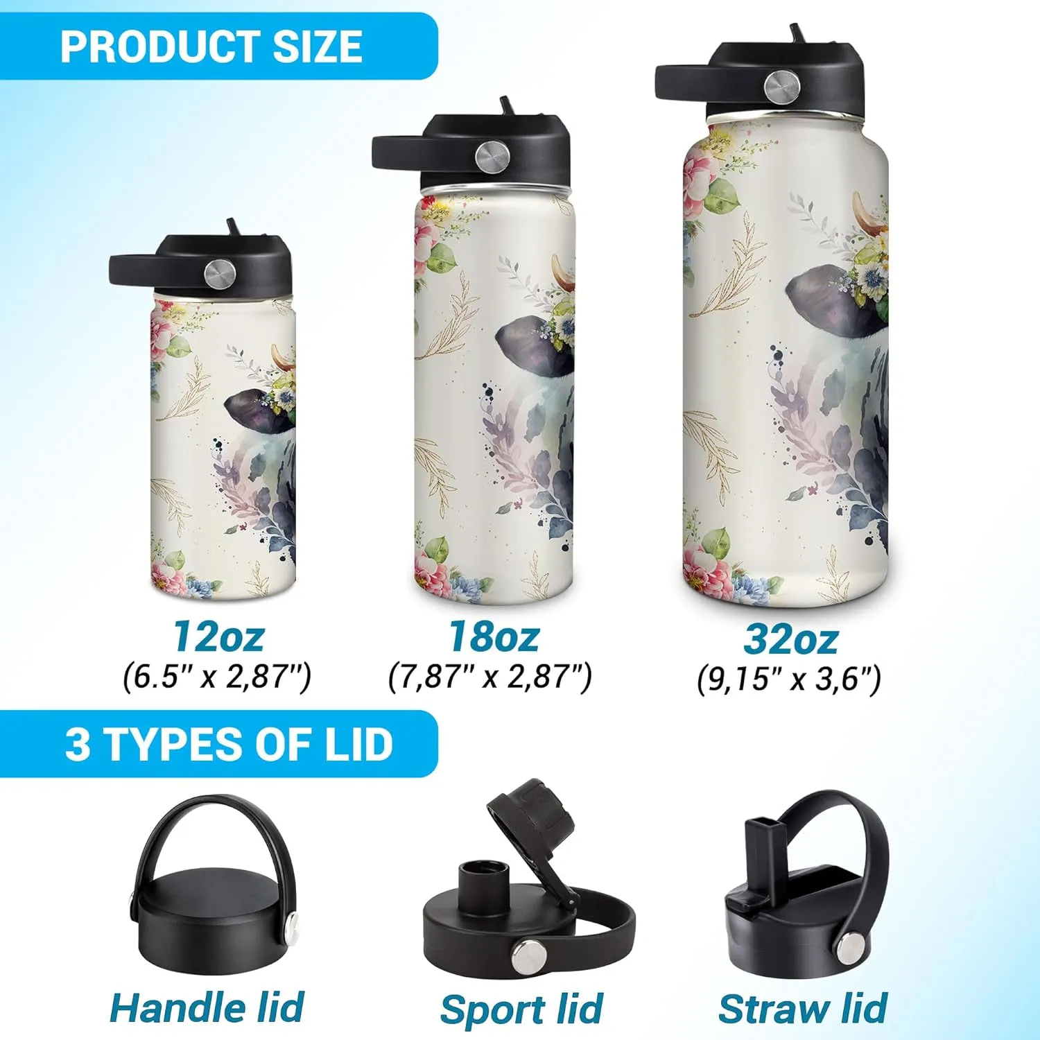 Hyturtle Personalized Cow Water Bottle - Animal Lover Gift - Floral Cow Lover Gifts - Custom Name 18oz & 32oz Stainless Steel Bottle With Straw Lid