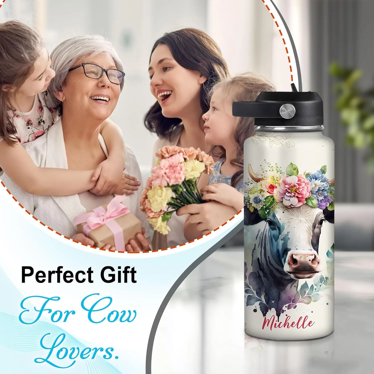 Hyturtle Personalized Cow Water Bottle - Animal Lover Gift - Floral Cow Lover Gifts - Custom Name 18oz & 32oz Stainless Steel Bottle With Straw Lid