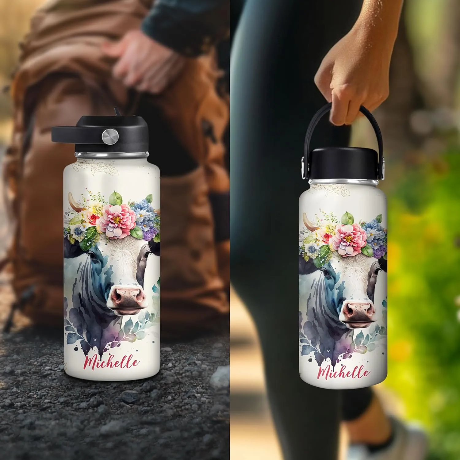 Hyturtle Personalized Cow Water Bottle - Animal Lover Gift - Floral Cow Lover Gifts - Custom Name 18oz & 32oz Stainless Steel Bottle With Straw Lid