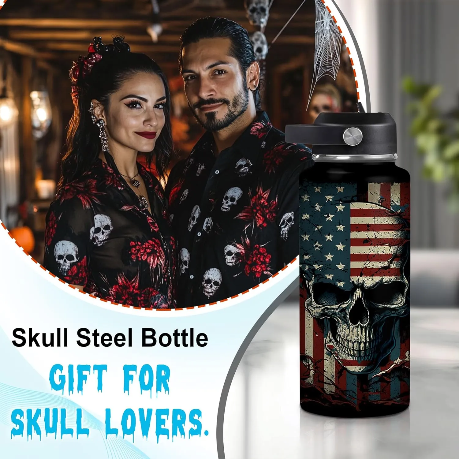 Hyturtle Personalized Skull Water Bottle - Travel Insulated Stainless Steel Bottle with Leak-Proof Lid 18oz 32oz - Skull US Flag Gift for Women Girls Skull Lovers - Birthday & Christmas Gift