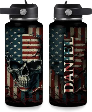 Hyturtle Personalized Skull Water Bottle - Travel Insulated Stainless Steel Bottle with Leak-Proof Lid 18oz 32oz - Skull US Flag Gift for Women Girls Skull Lovers - Birthday & Christmas Gift