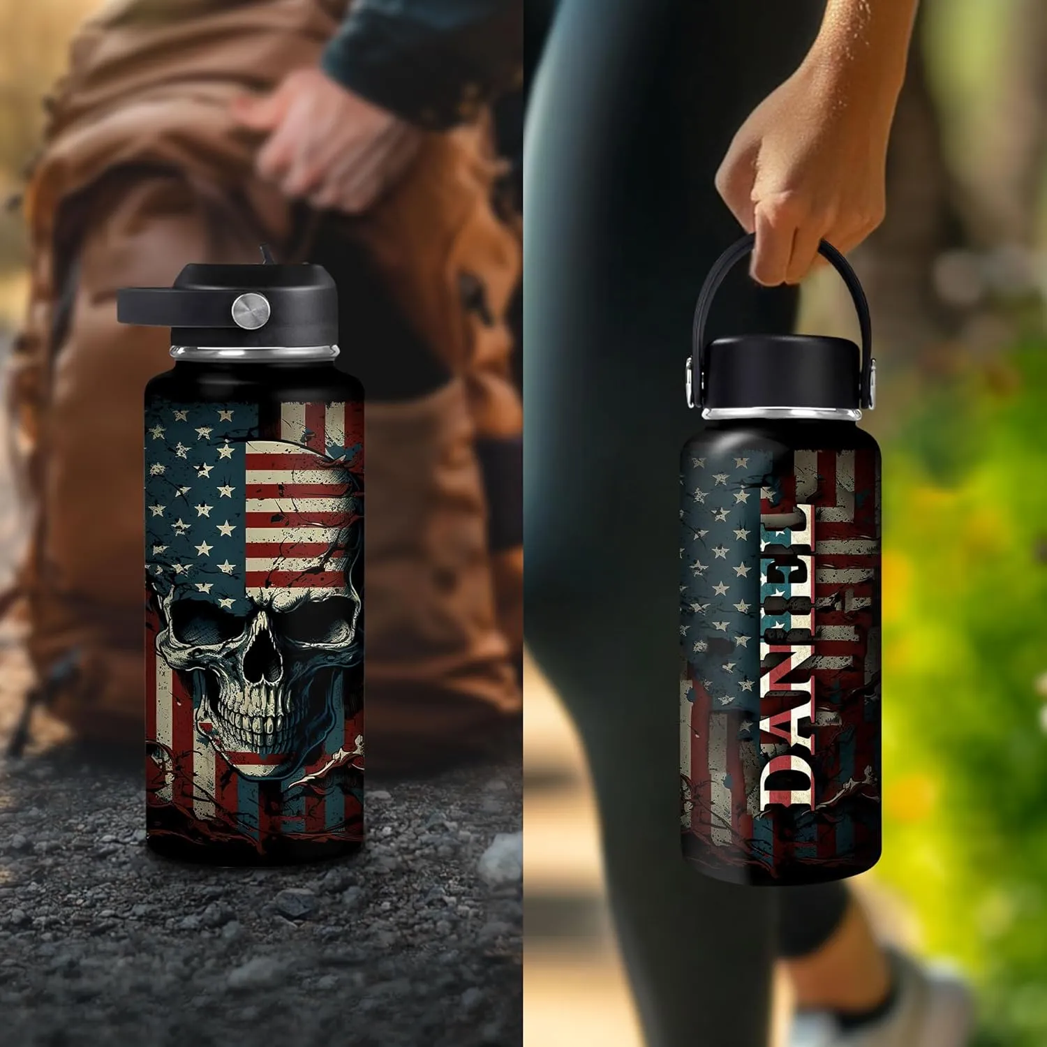 Hyturtle Personalized Skull Water Bottle - Travel Insulated Stainless Steel Bottle with Leak-Proof Lid 18oz 32oz - Skull US Flag Gift for Women Girls Skull Lovers - Birthday & Christmas Gift