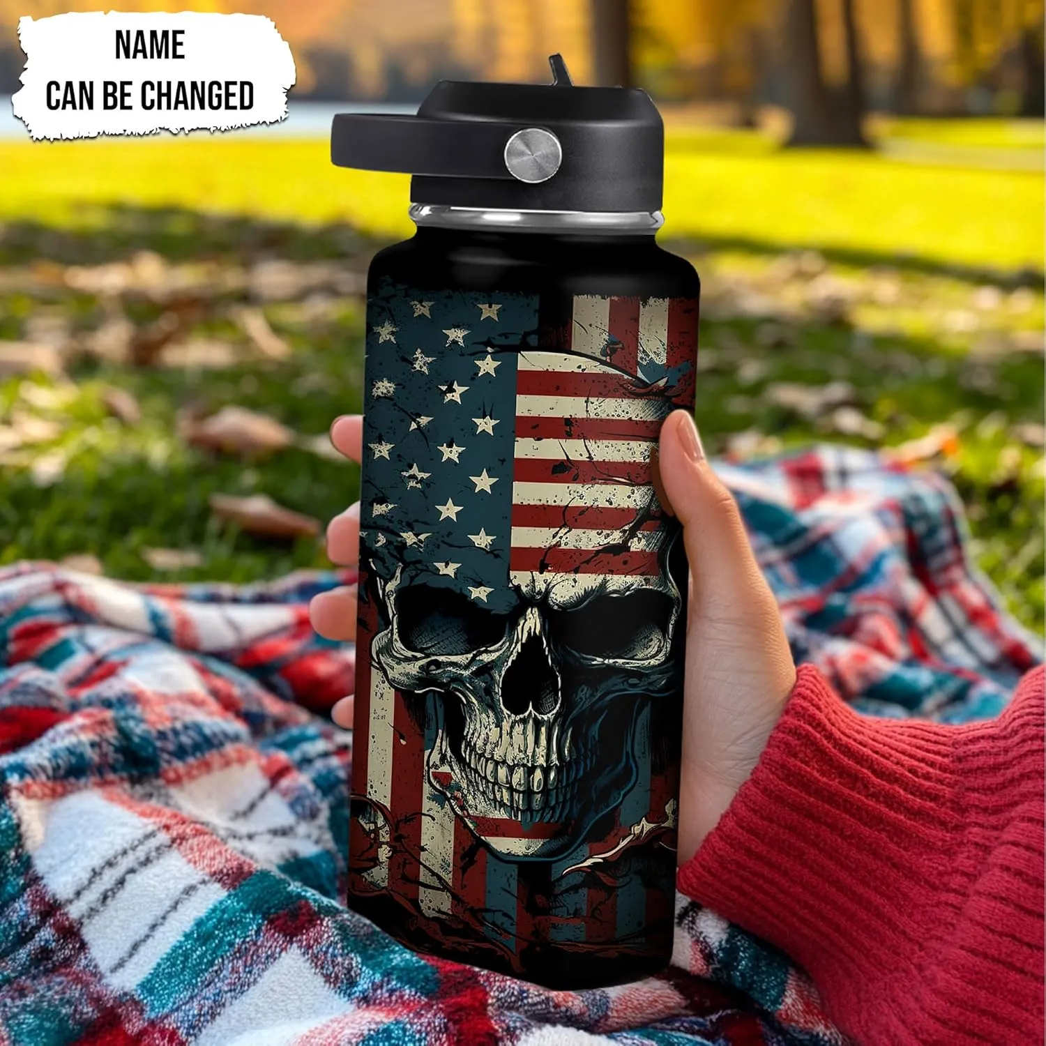 Hyturtle Personalized Skull Water Bottle - Travel Insulated Stainless Steel Bottle with Leak-Proof Lid 18oz 32oz - Skull US Flag Gift for Women Girls Skull Lovers - Birthday & Christmas Gift