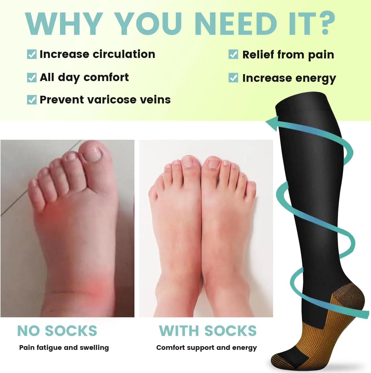 Iseasoo Copper Compression Socks (15-20 mmHg) for Men & Women - Running, Hiking, Cycling, Travel - Improves Circulation