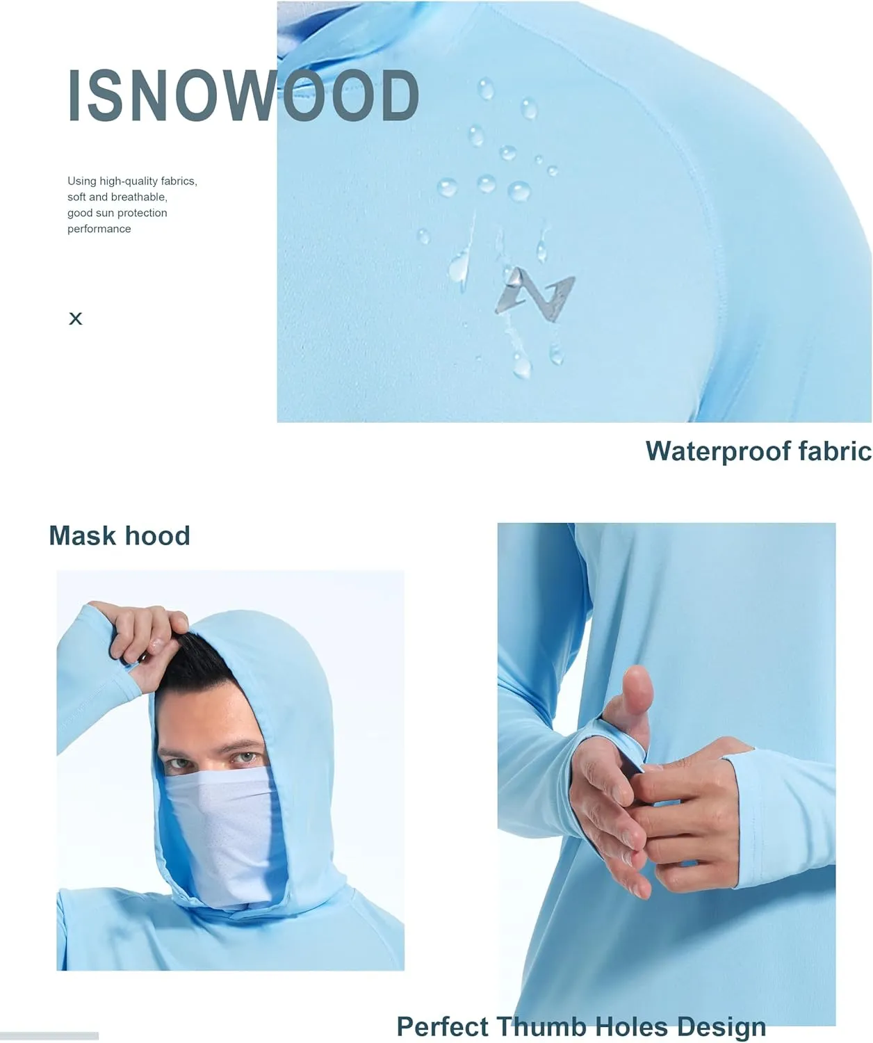 isnowood Sun Shirt UPF 50  Men's Fishing Long Sleeve Hooded Rash Guard Hiking Swimming Running UV Protection Hoodie
