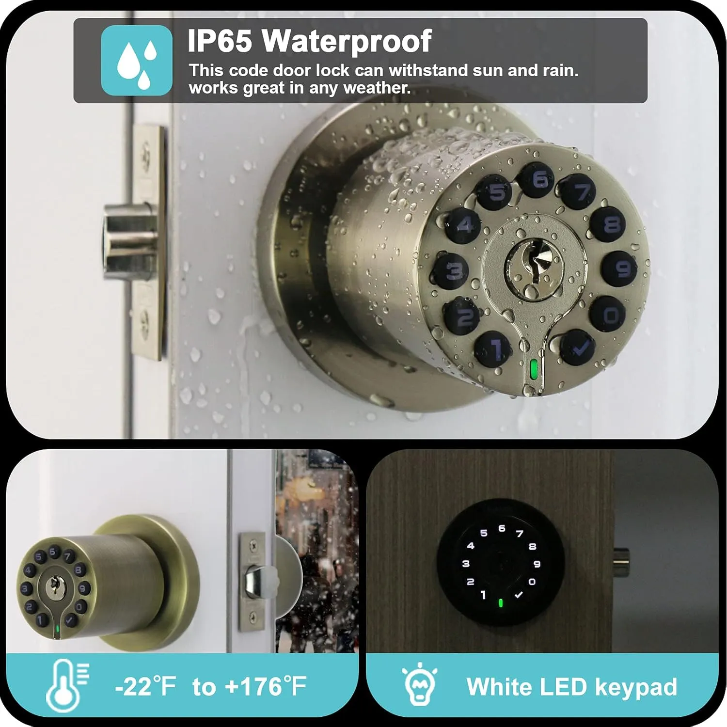 IU-20 Code Door Lock, Electronic Door Knob with Keypad and Key, Auto Lock, Waterproof, Passage Function, Long Battery Life,50 Codes, Easy to use and Install for Office/Warehouse/Bedroom/Garage