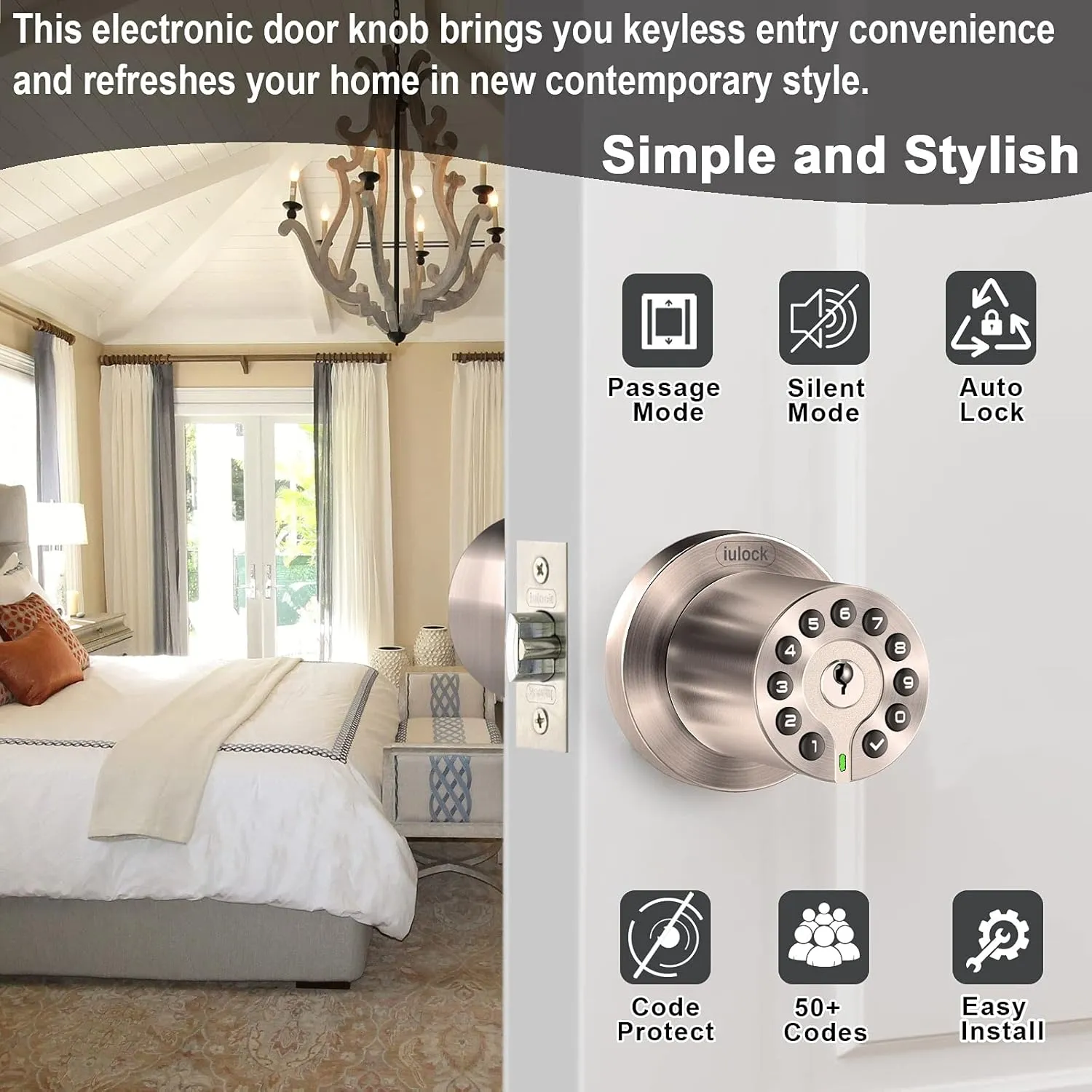 IU-20 Code Door Lock, Electronic Door Knob with Keypad and Key, Auto Lock, Waterproof, Passage Function, Long Battery Life,50 Codes, Easy to use and Install for Office/Warehouse/Bedroom/Garage