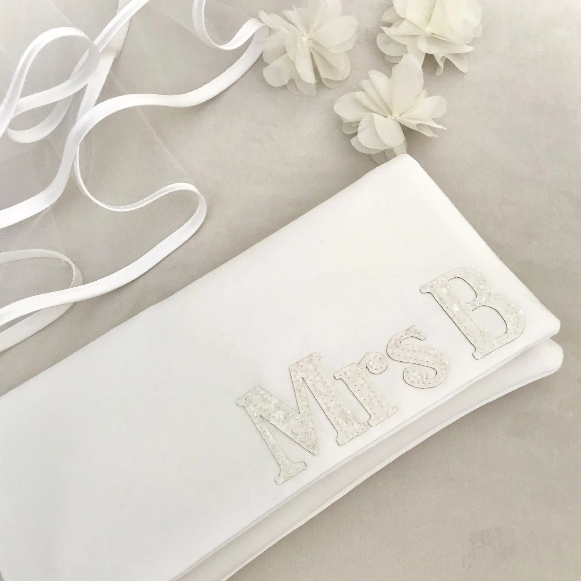 Ivory satin MRS personalised serif initial wedding day bridal clutch handbag
