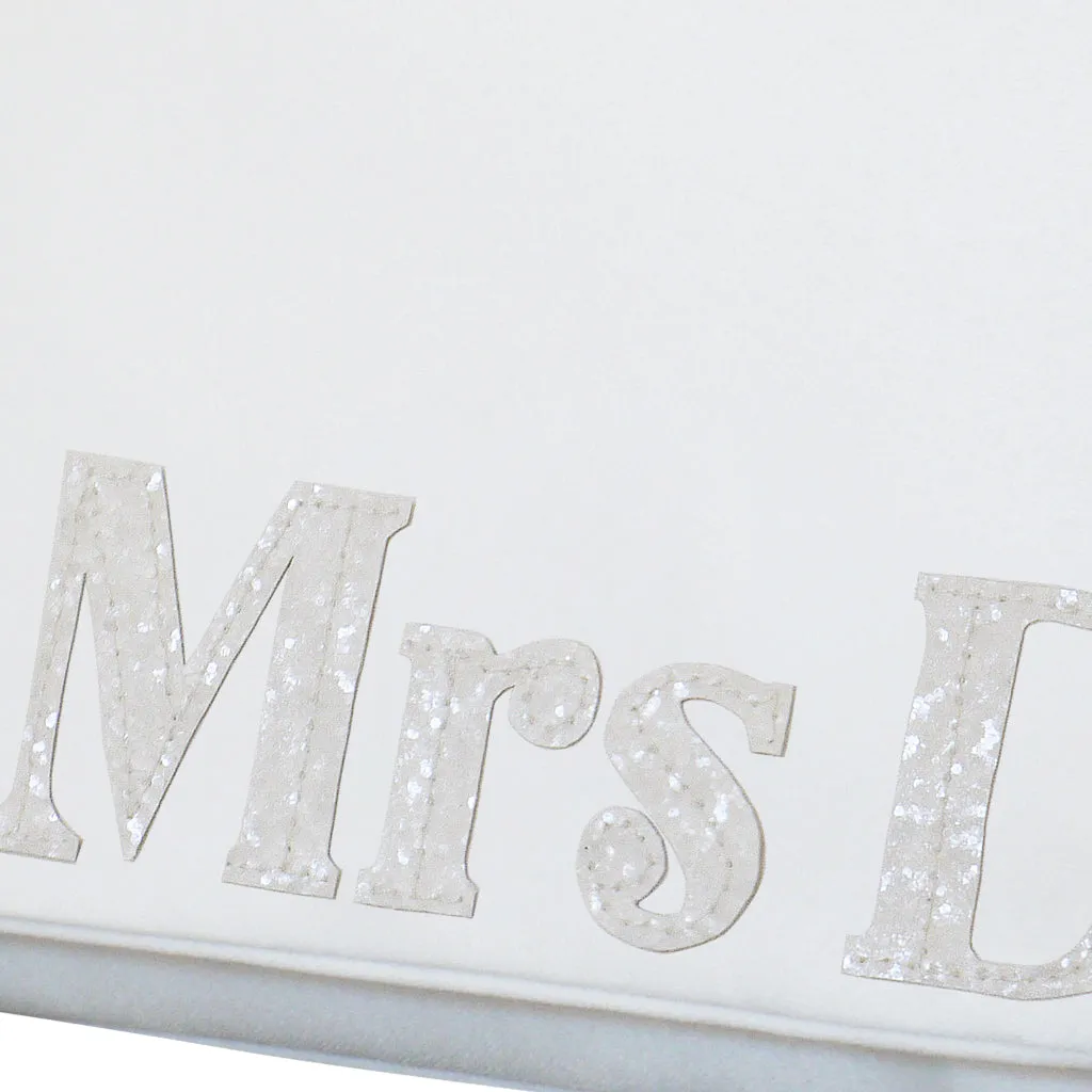 Ivory satin MRS personalised serif initial wedding day bridal clutch handbag