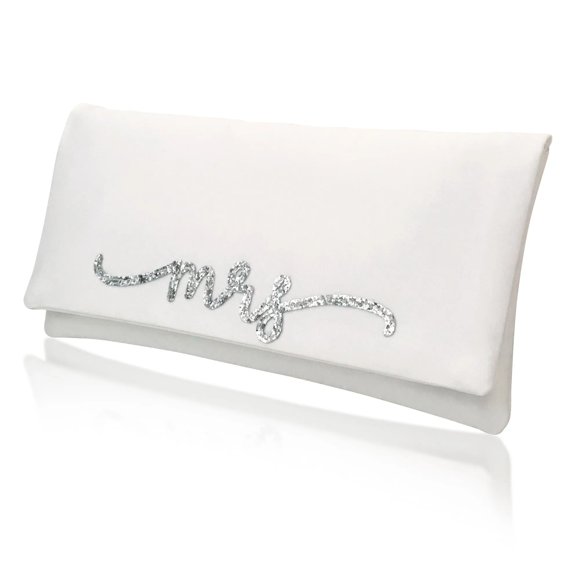 Ivory satin MRS wedding day bridal clutch handbag flourish font