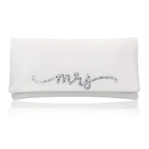 Ivory satin MRS wedding day bridal clutch handbag flourish font