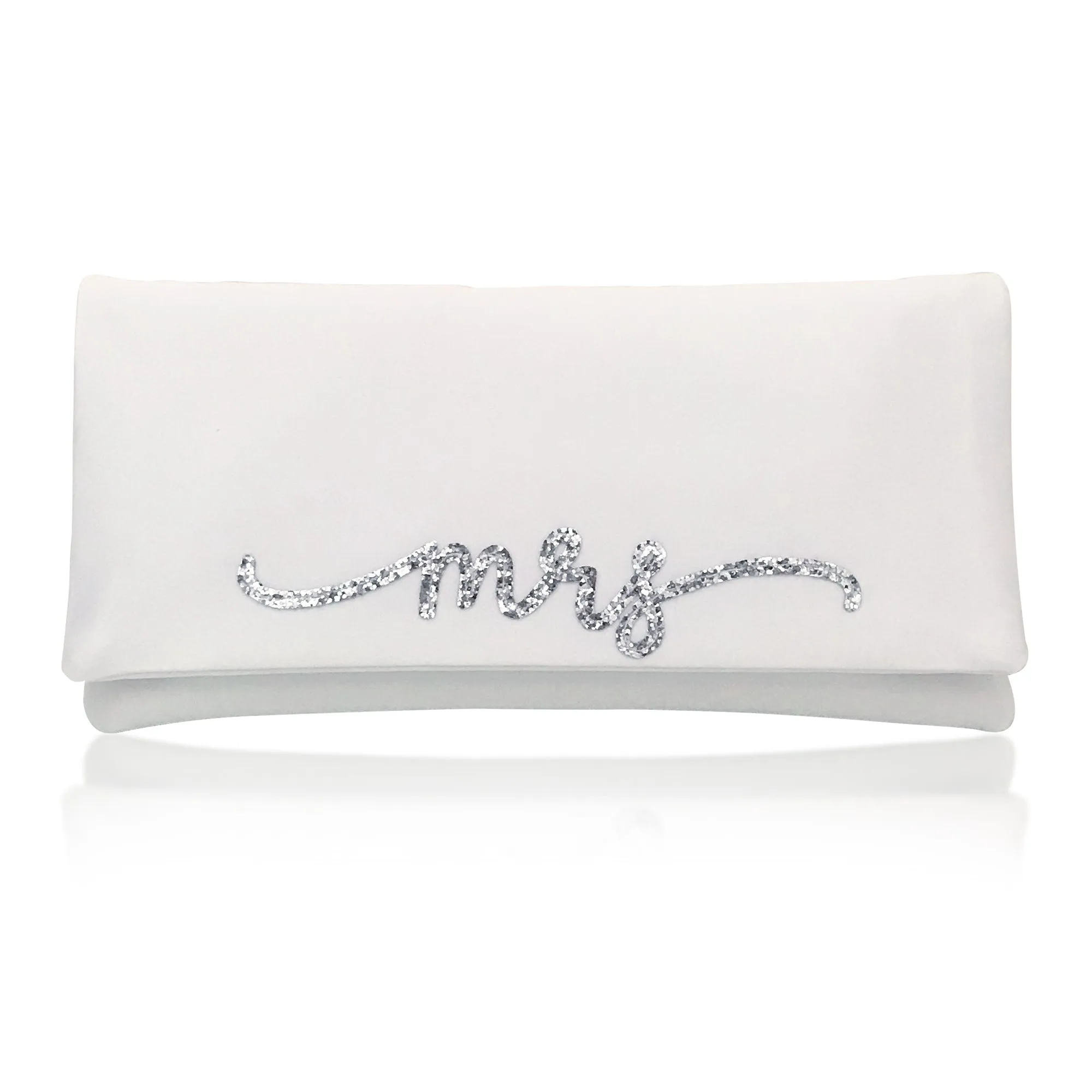 Ivory satin MRS wedding day bridal clutch handbag flourish font