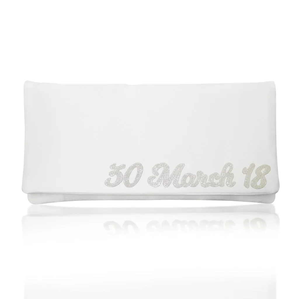 Ivory satin wedding date personalised bridal clutch handbag