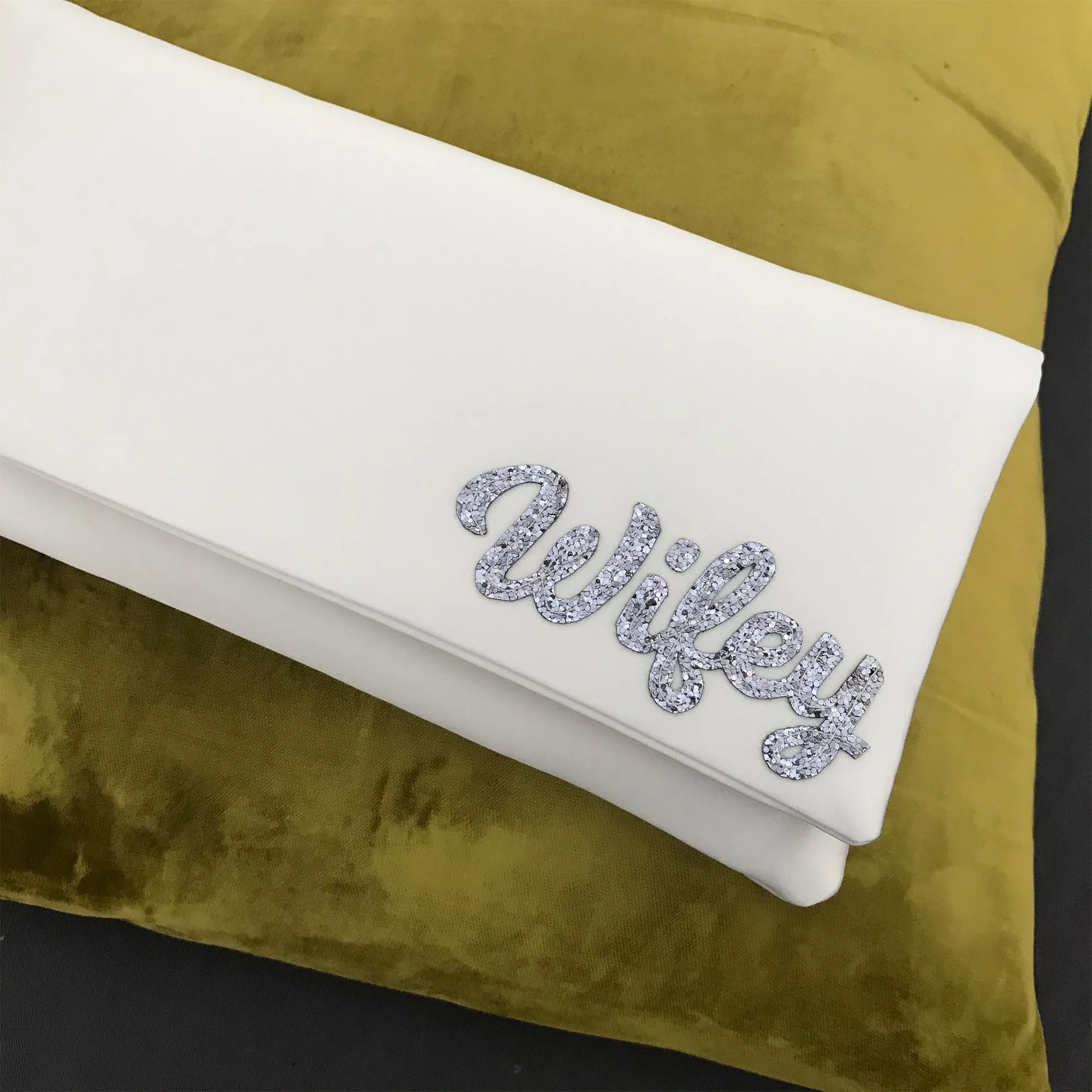 Ivory satin WIFEY bridal wedding clutch handbag