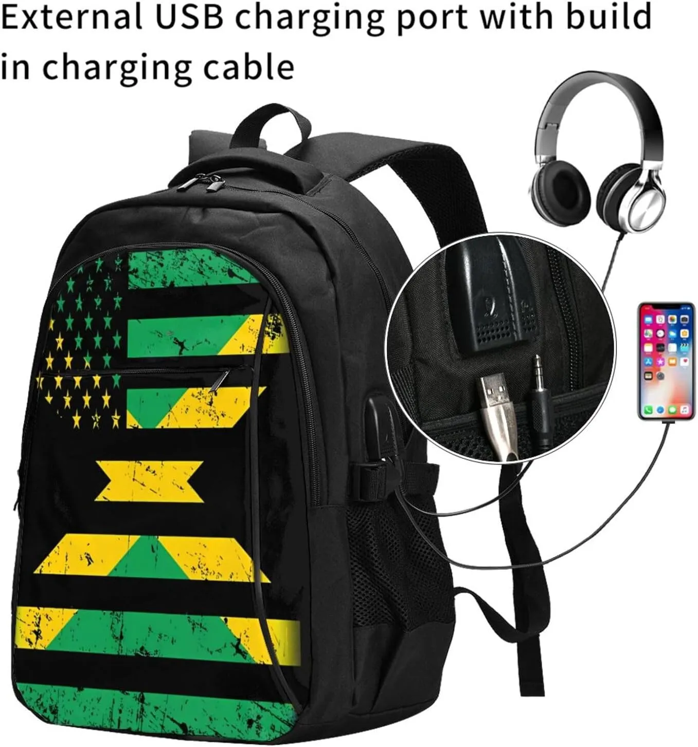Jamaican American Flag Casual Travel Backpacks Hiking Camping Backpack Large Outdoor Sport Daypack Laptop Rucksack Climbing Working Bags with USB Port
