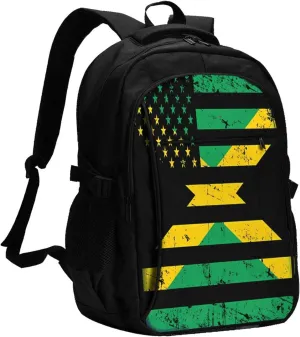 Jamaican American Flag Casual Travel Backpacks Hiking Camping Backpack Large Outdoor Sport Daypack Laptop Rucksack Climbing Working Bags with USB Port