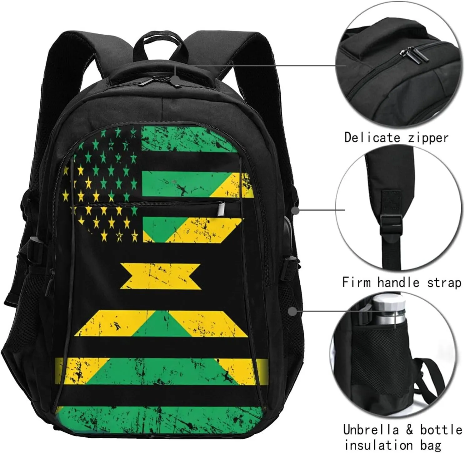 Jamaican American Flag Casual Travel Backpacks Hiking Camping Backpack Large Outdoor Sport Daypack Laptop Rucksack Climbing Working Bags with USB Port