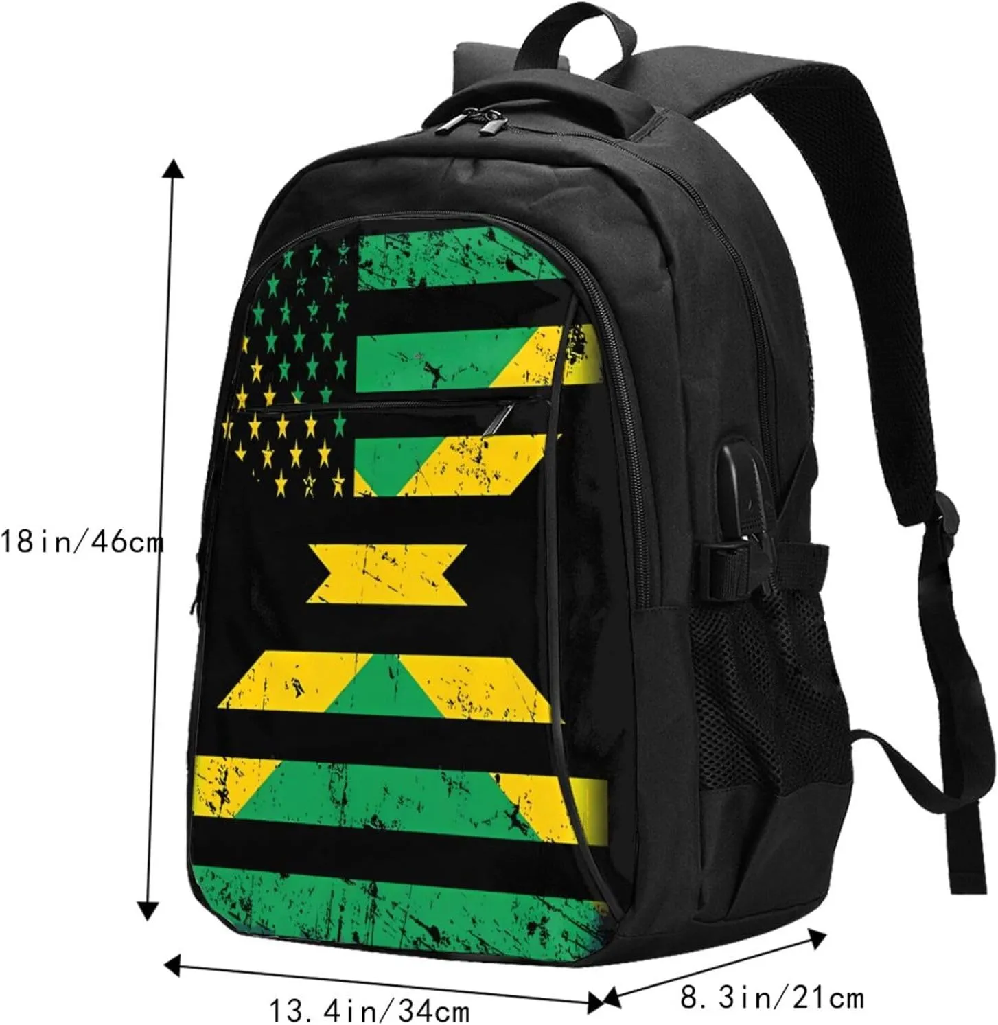 Jamaican American Flag Casual Travel Backpacks Hiking Camping Backpack Large Outdoor Sport Daypack Laptop Rucksack Climbing Working Bags with USB Port