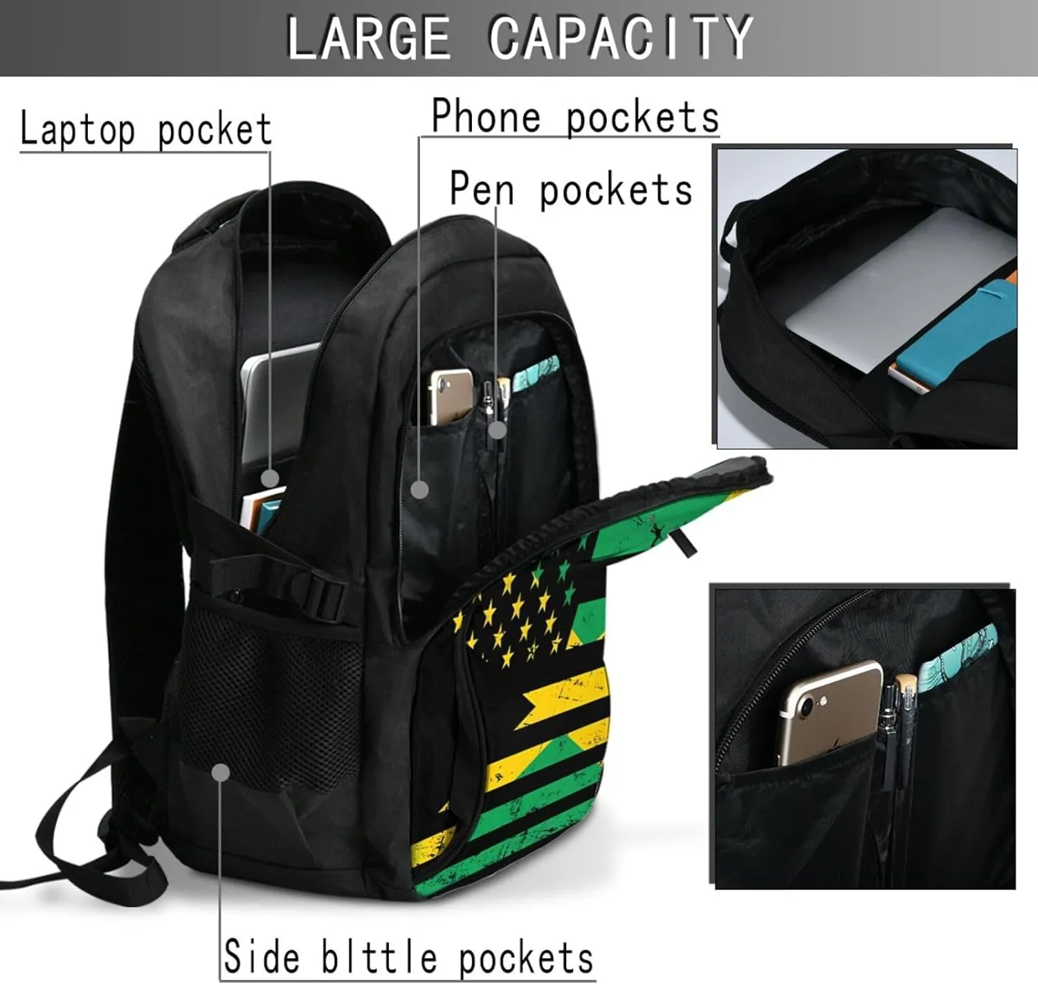 Jamaican American Flag Casual Travel Backpacks Hiking Camping Backpack Large Outdoor Sport Daypack Laptop Rucksack Climbing Working Bags with USB Port
