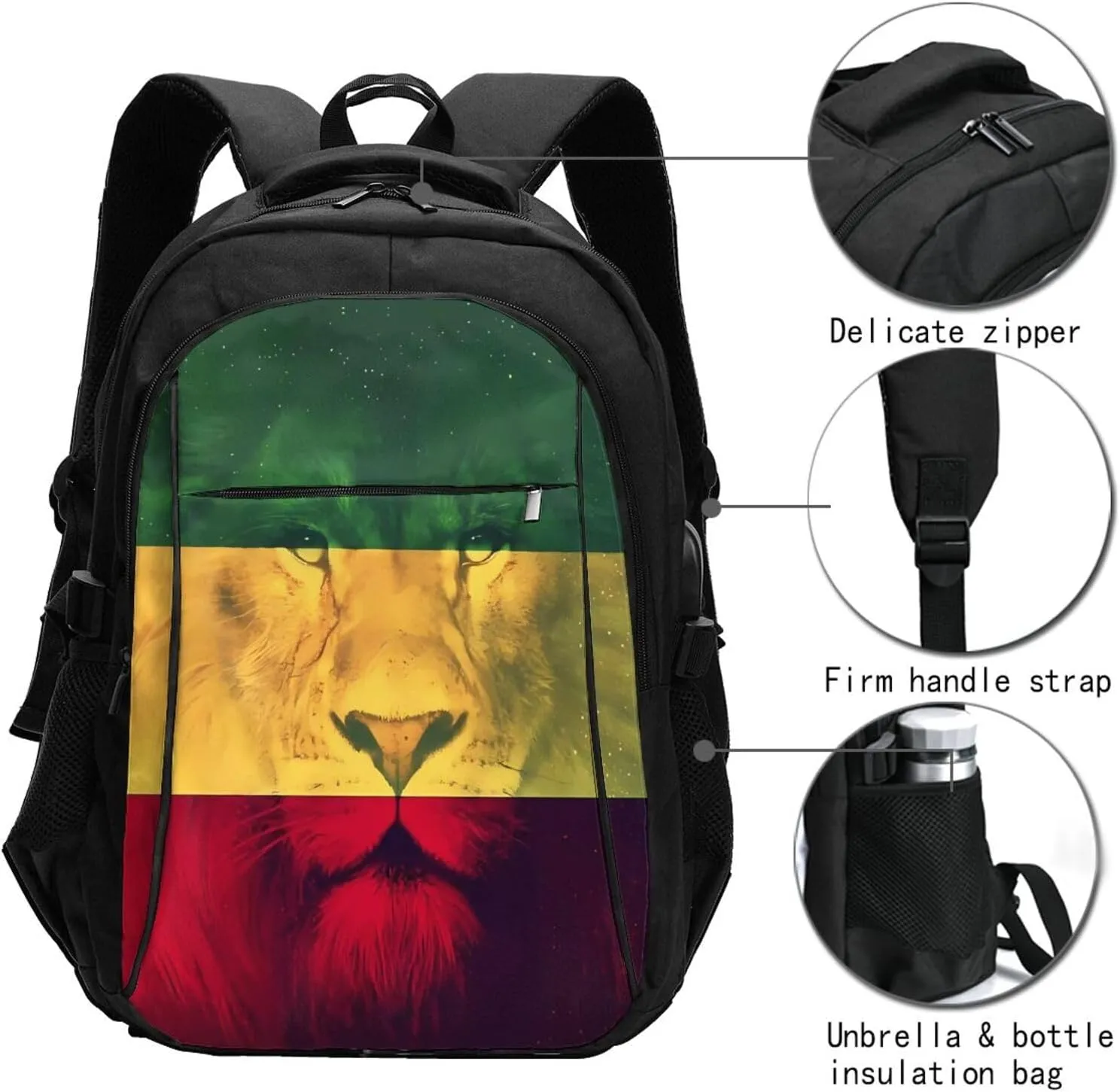 Jamaican Rasta Lion Flag Casual Travel Backpacks Hiking Camping Backpack Large Outdoor Sport Daypack Laptop Rucksack Climbing Working Bags with USB Port